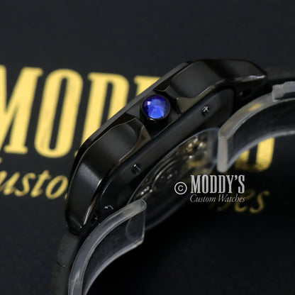 Black wristwatch with blue jewel, Santeiko Black Ghost Arabic, NH35 automatic movement