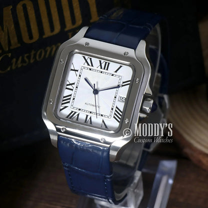 Silver square wristwatch with a blue leather band from Santeiko, featuring Seiko mod design