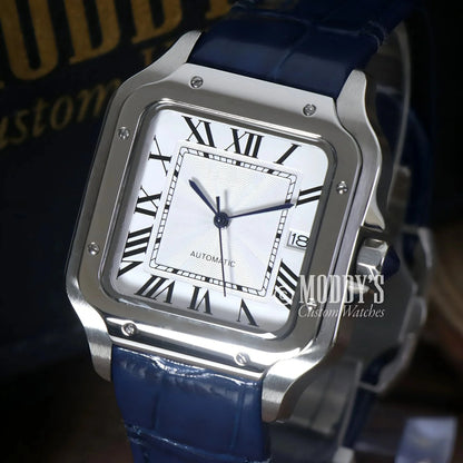Silver square wristwatch with blue leather band by Santeiko, featuring Seiko NH35 automatic