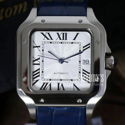 Silver square wristwatch with blue band from Santeiko featuring Seiko NH35 automatic movement