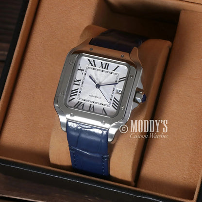 Silver square Santeiko wristwatch with blue leather band and Seiko NH35 automatic movement