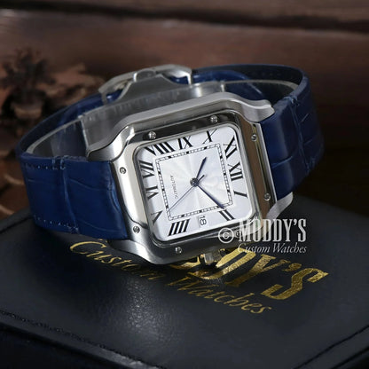 Silver square wristwatch with blue leather band from Santeiko featuring Seiko NH35 automatic
