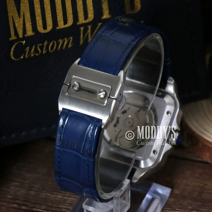 Blue leather watch with silver clasp from Santeiko, perfect for Seiko mod enthusiasts