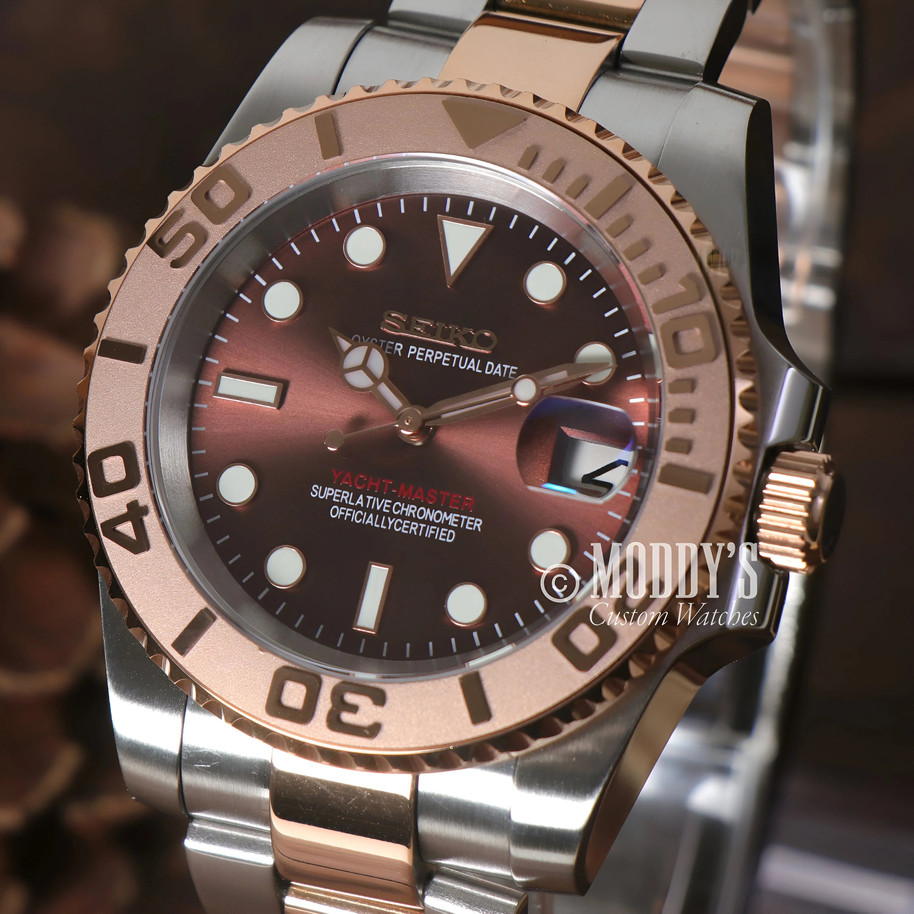 Luxury Seikomarine Rose Gold: Two-tone Rolex Mod Wristwatch With Brown Dial And Rotating Bezel