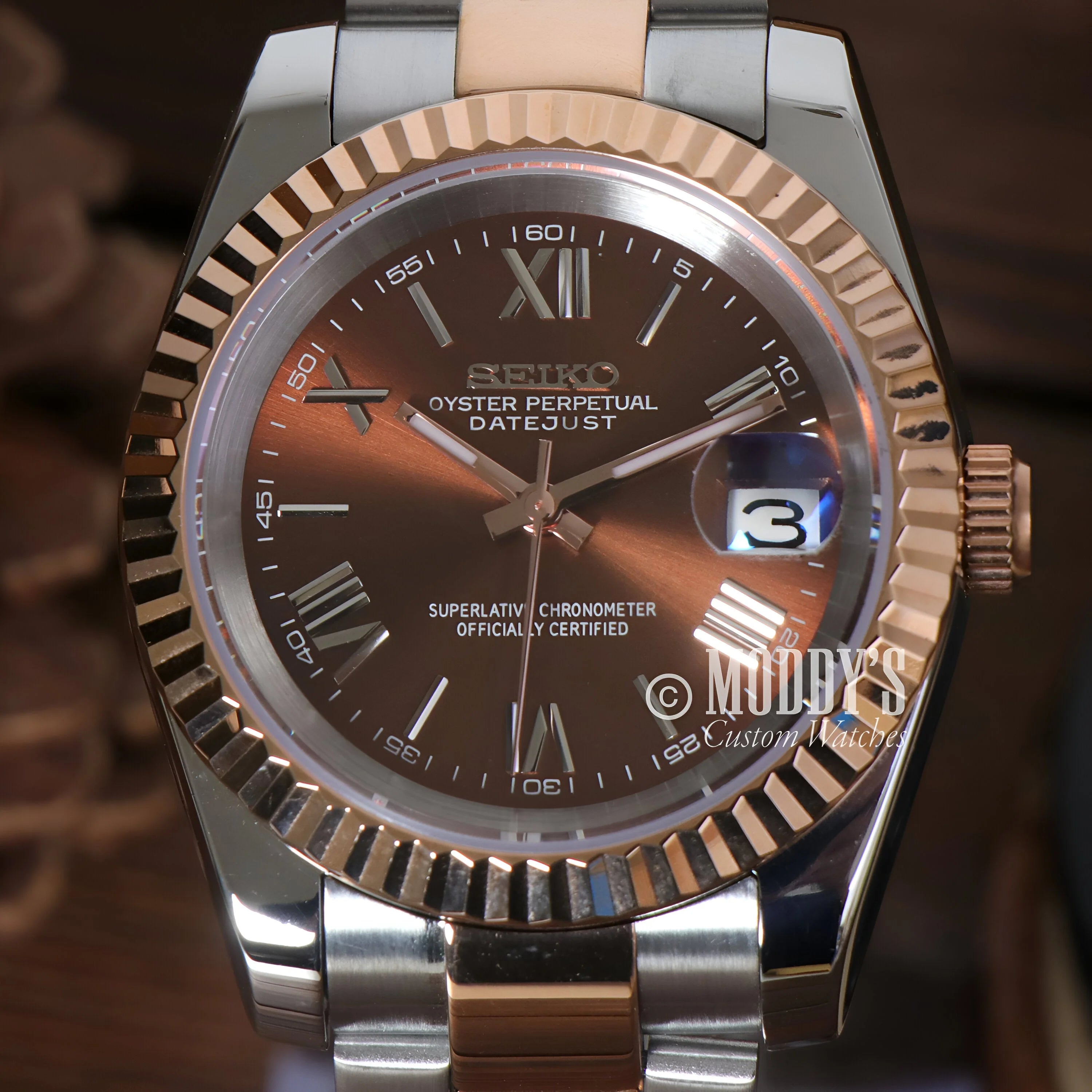 Seiko Mod Santos: Luxury Wristwatch With Brown Dial & Two-tone Metal Bracelet In Seikojust Chocolate Roman
