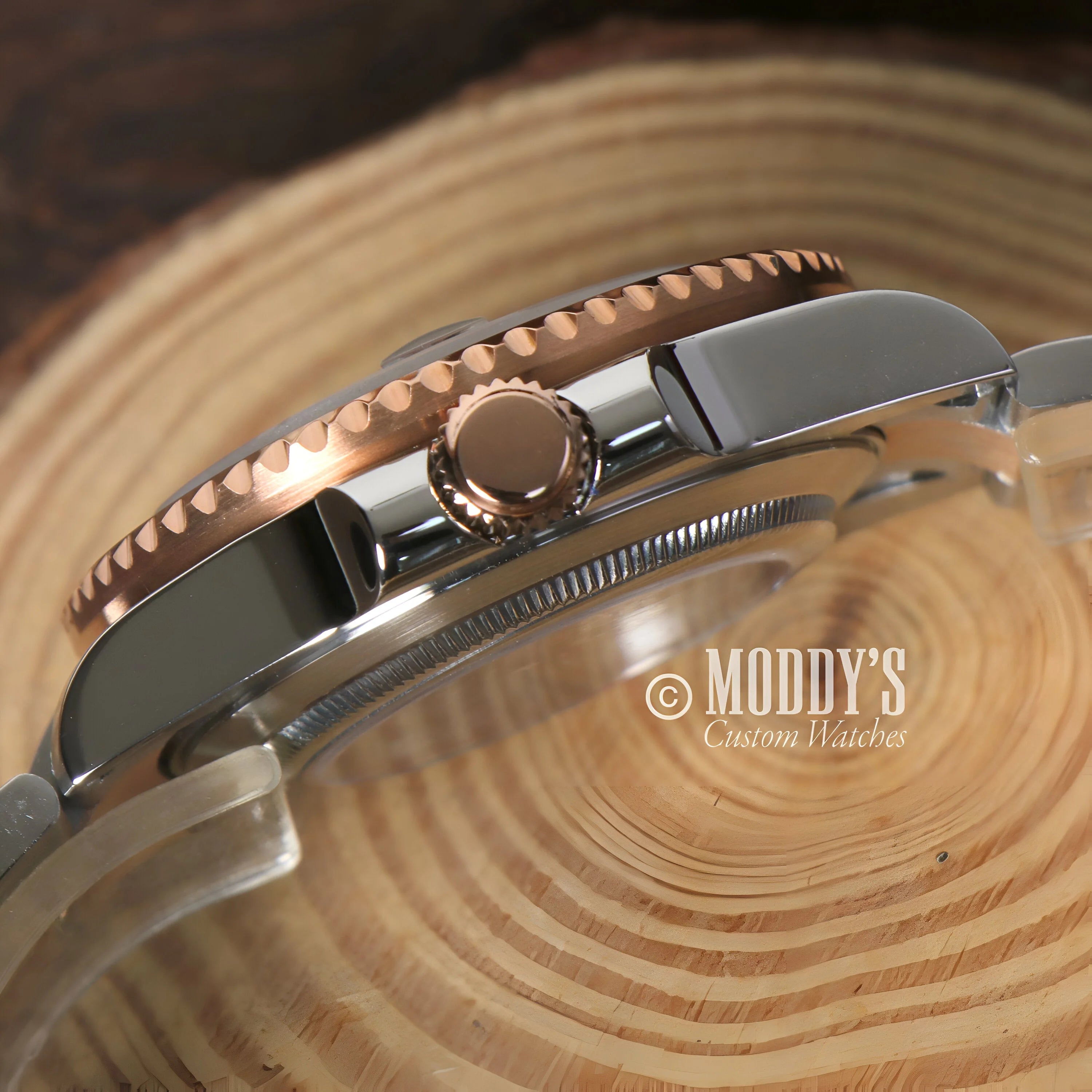 Seikomarine Rose Gold Luxury Wristwatch With Seiko Mod Elements On a Wooden Surface