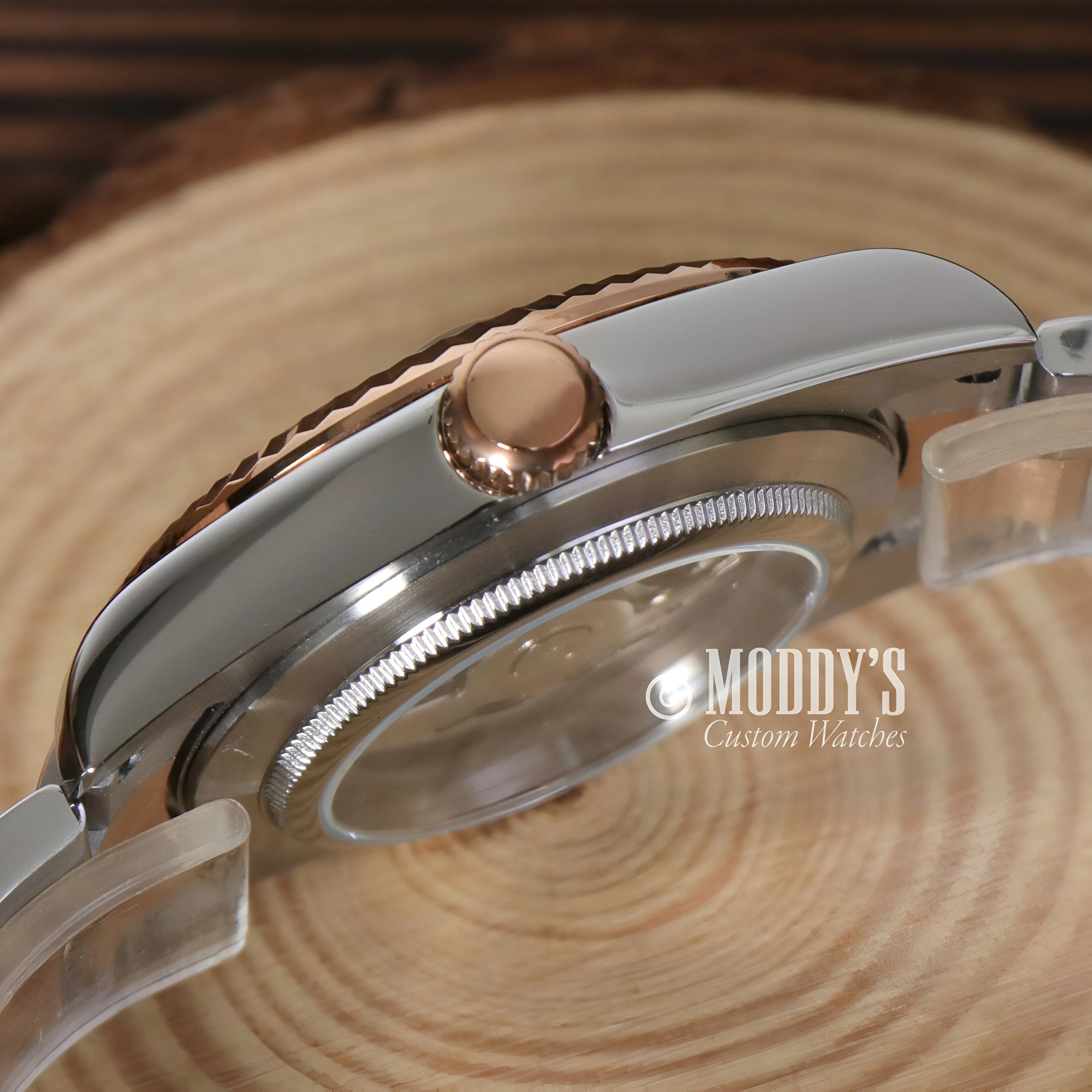 Luxury Seiko Mod Wristwatch, Silver Case, Rose Gold Crown, Branded Moddy’s Custom Watches