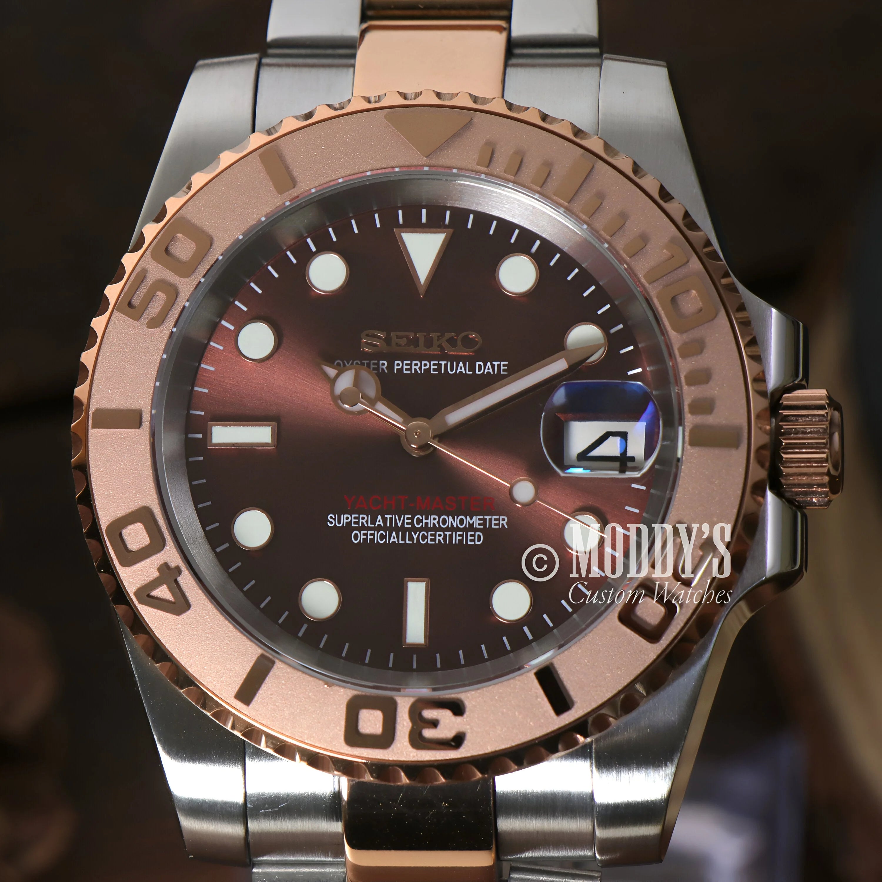 Luxury Seikomarine Rose Gold Wristwatch With Two-tone Band And Brown Dial, Seiko Mod Style