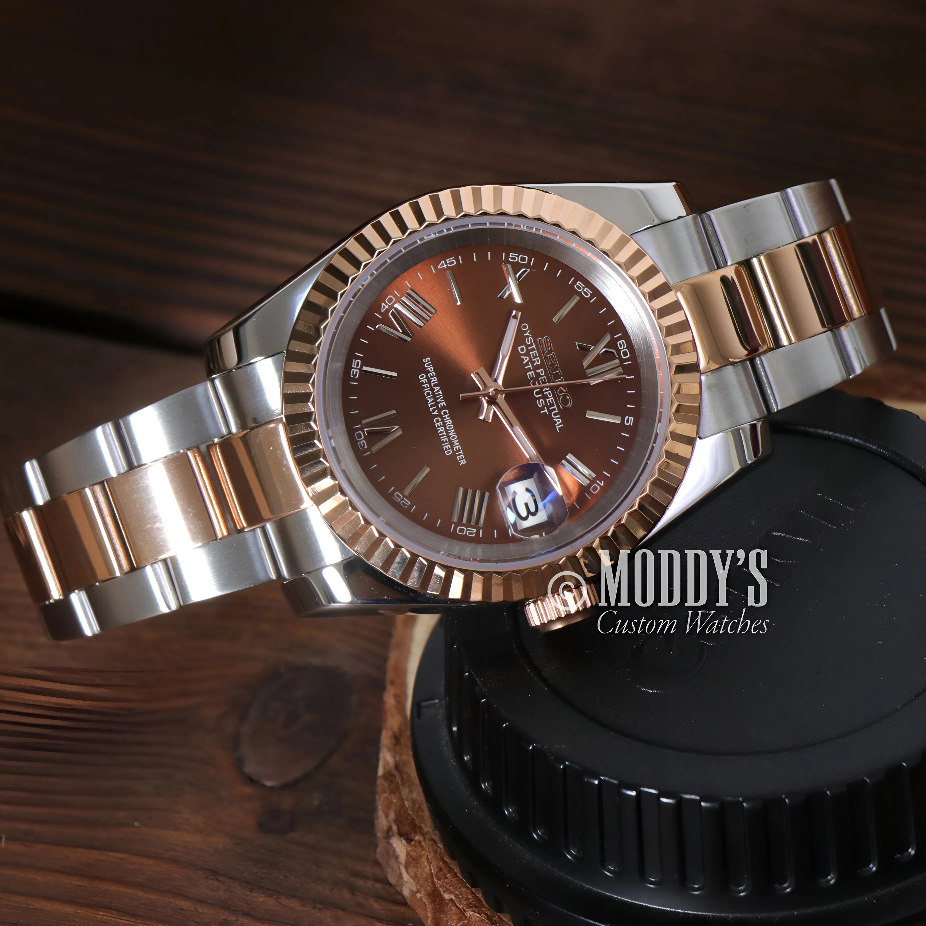 Luxury Seiko Mod Watch With Two-tone Band And Brown Dial, Seikojust Chocolate Roman