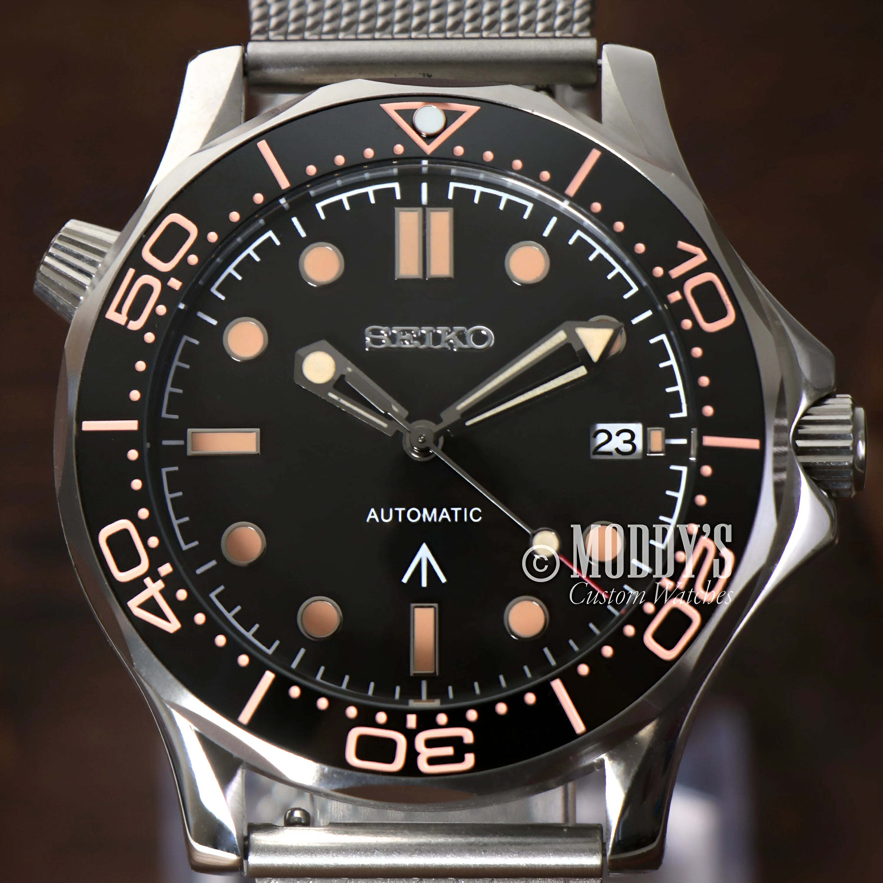 Seiko Automatic Dive Watch with Black Dial and Rose Gold Accents, Seiko Mod Seamaster