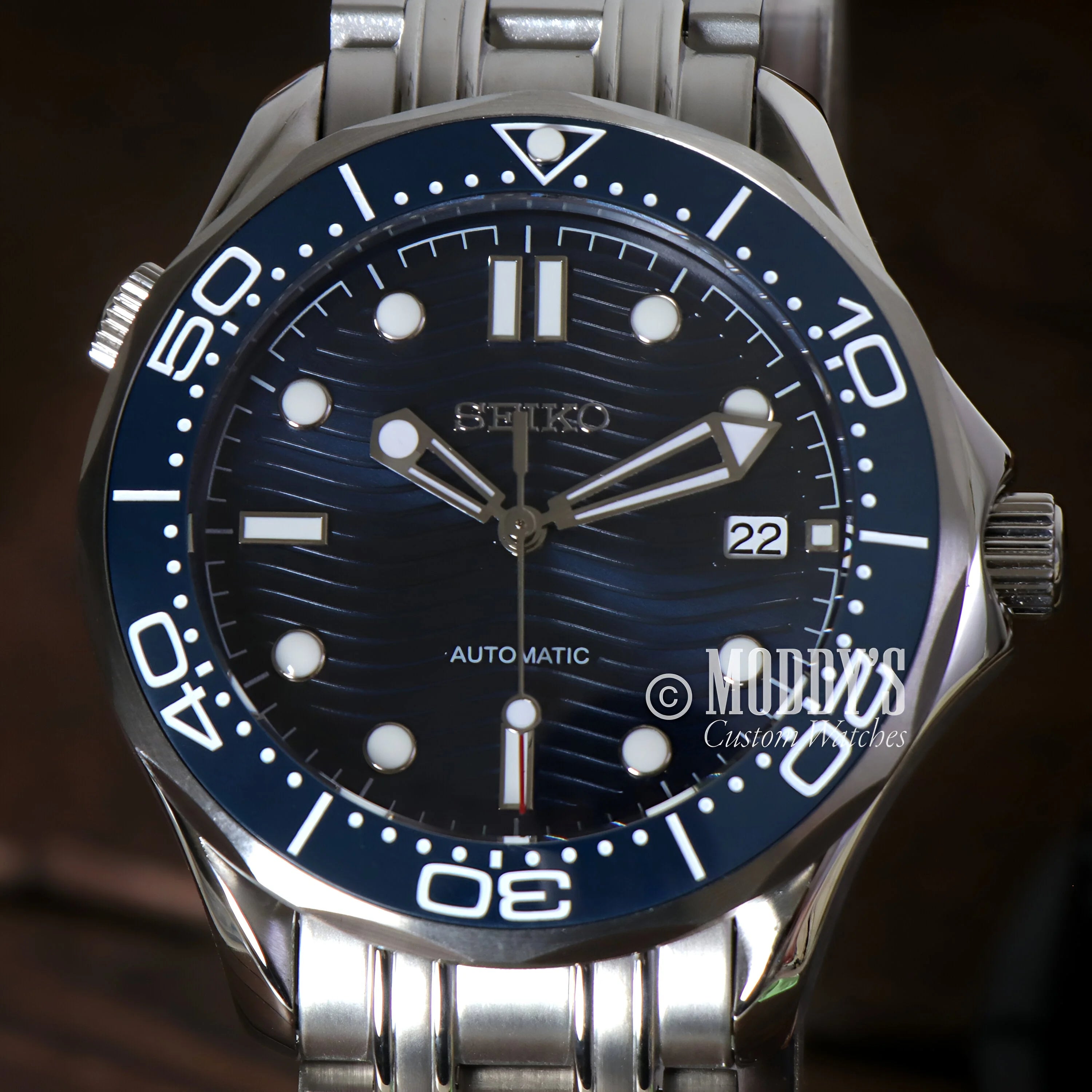 Seiko Mod Seamaster Blue: Automatic Dive Watch With Stainless Steel Bracelet