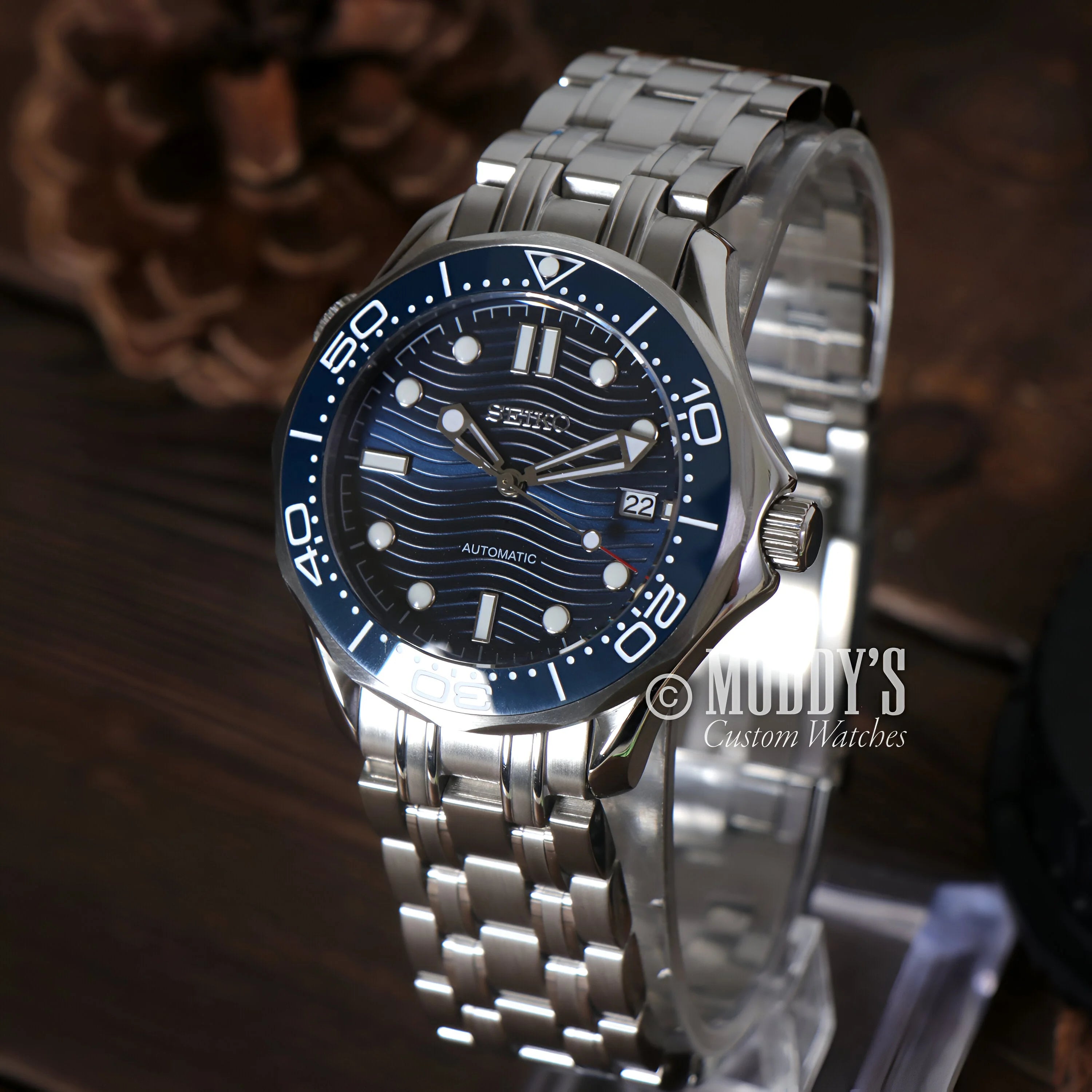 Seiko Mod Seamaster Blue - Luxury Stainless Steel Wristwatch With Blue Dial And Bezel