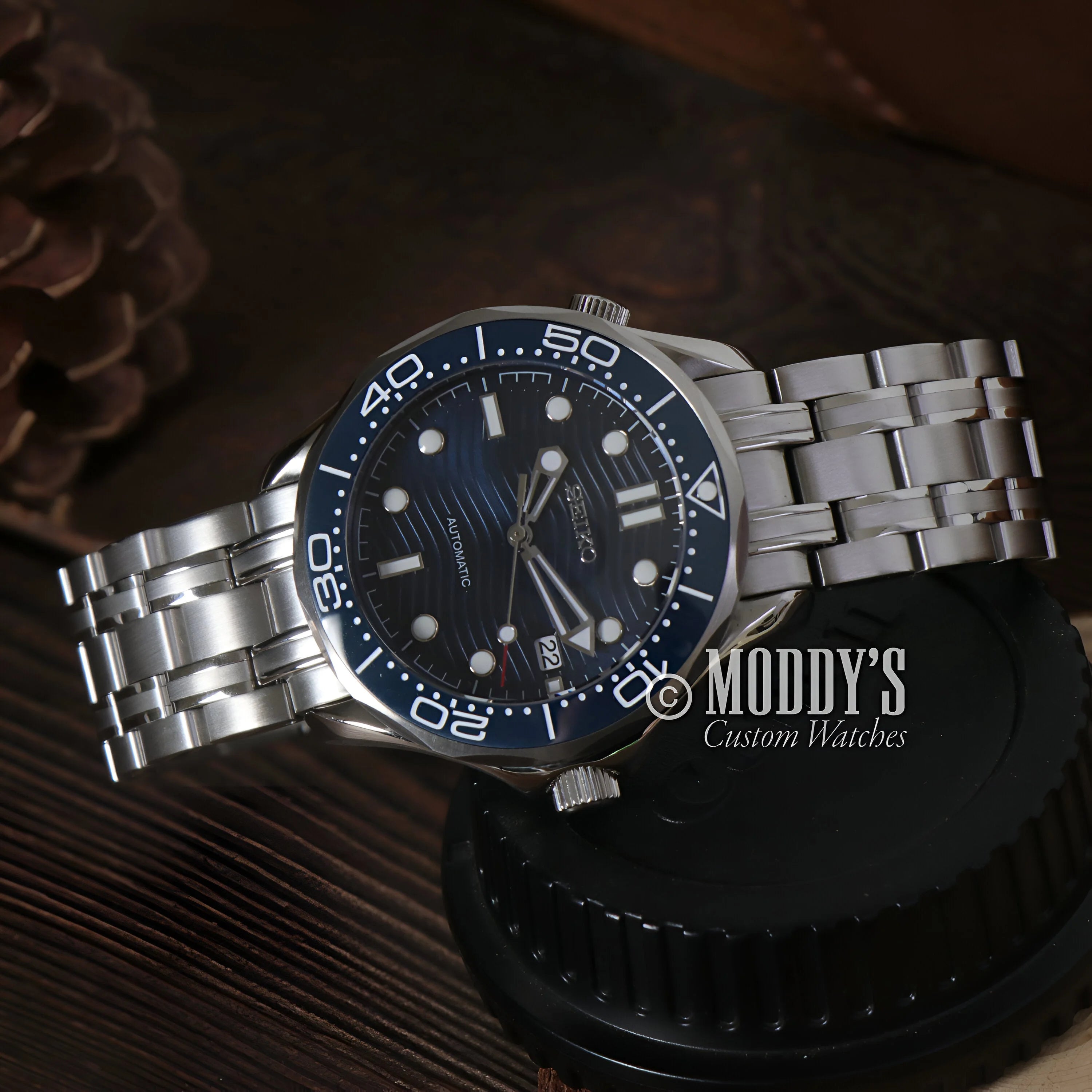 Seiko Mod Seamaster Blue: Stainless Steel Dive Watch With Blue Dial And Bezel On Dark Surface