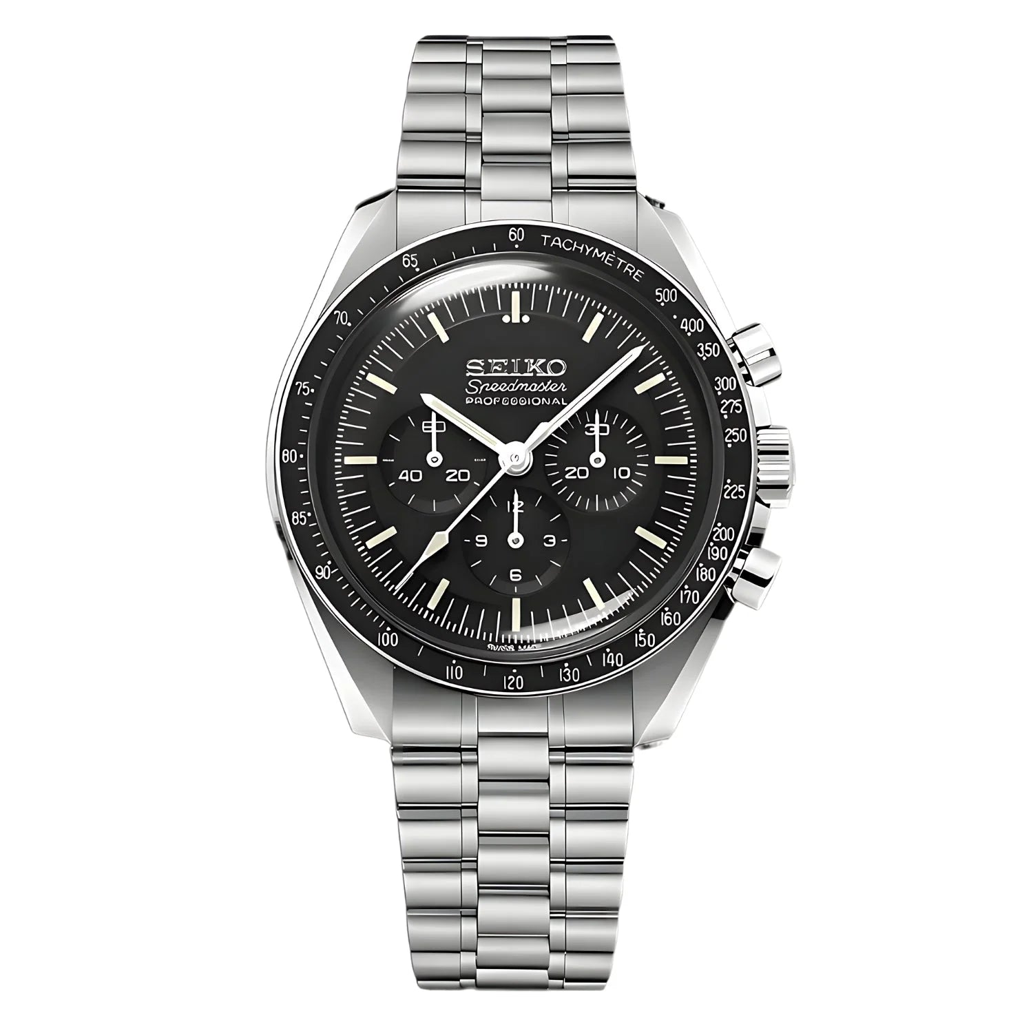 Seiko Mod Speedmaster: Stainless Steel Wristwatch With Black Dial And Tachymeter Bezel