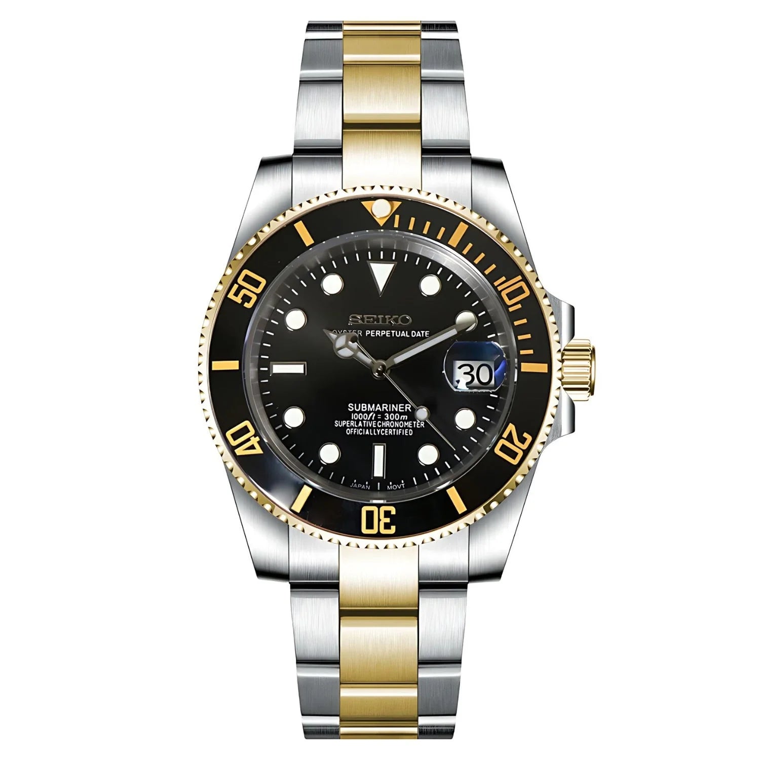 Luxury Seiko Mod Submariner with two-tone band and black dial in Seikomariner Black