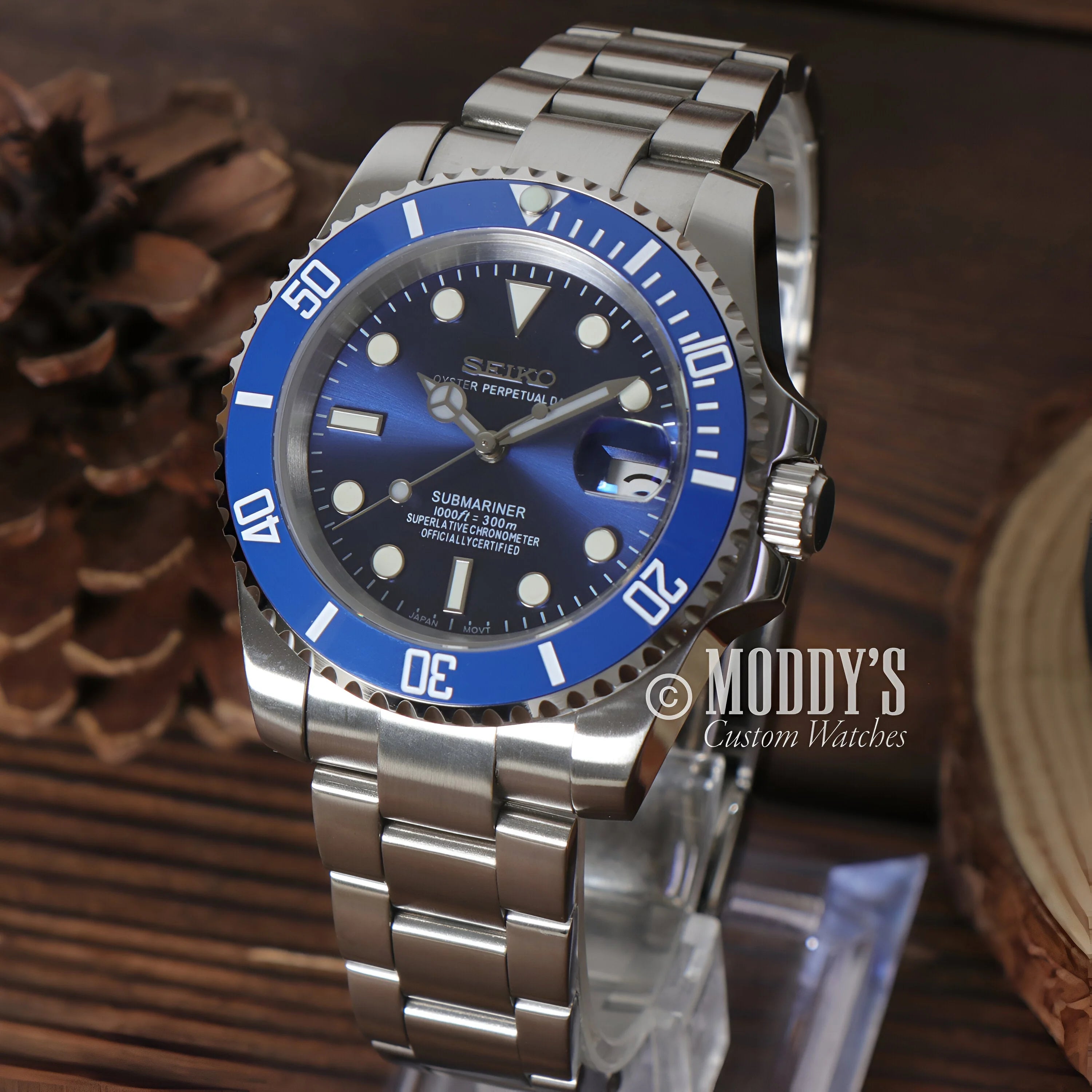 Seiko Mod Submariner Dive Watch With a Blue Dial And Bezel, Stainless Steel Bracelet