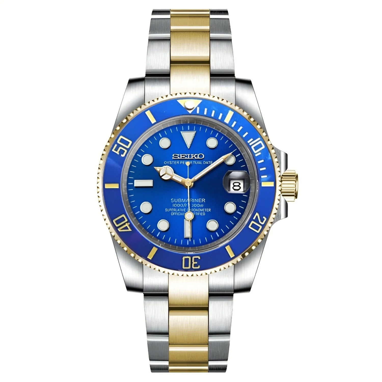 Luxury Seiko Mod Submariner Blue wristwatch with a two-tone silver and gold band