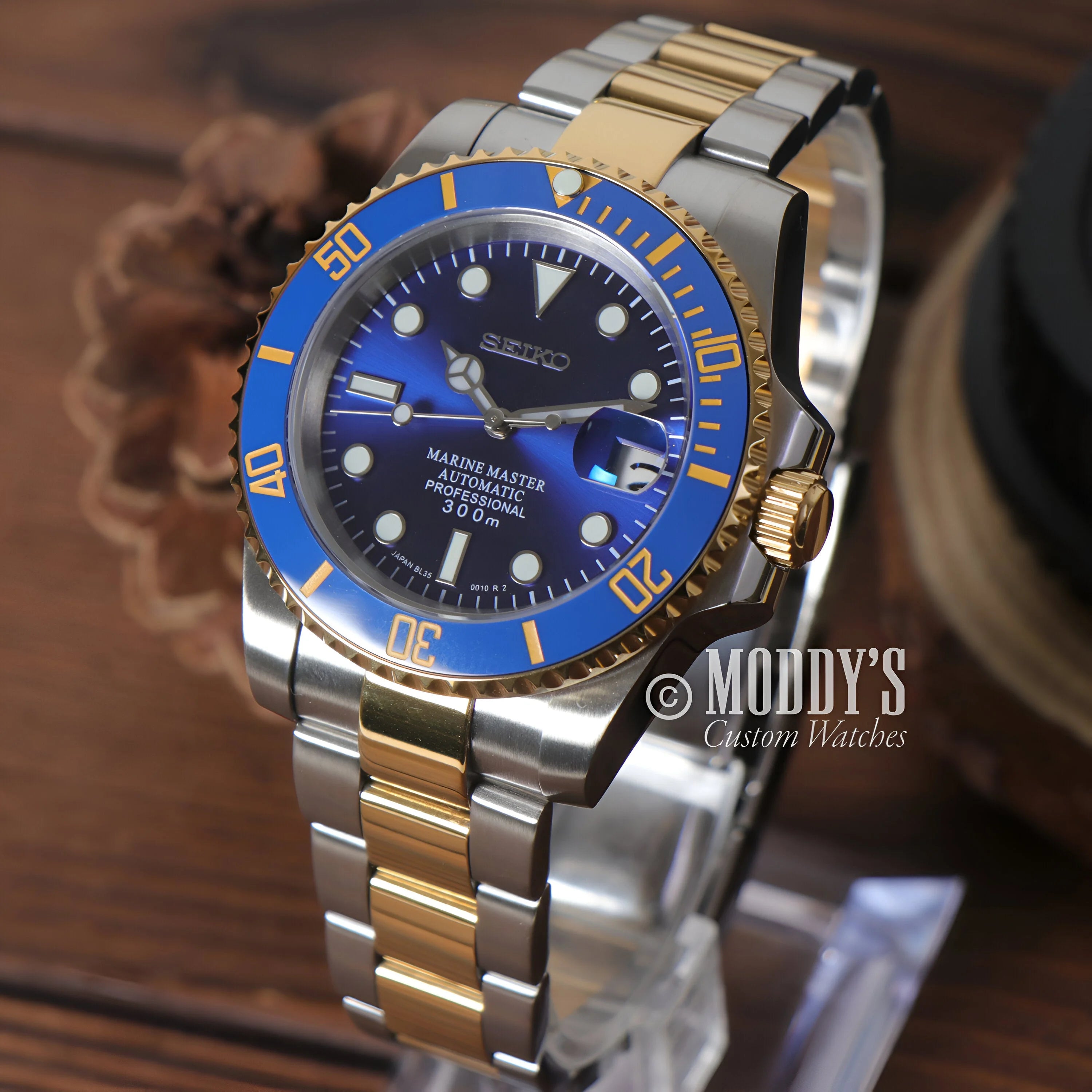 Seiko Marine Master Automatic Dive Watch, Mod Submariner Blue Dial With Two-tone Bracelet