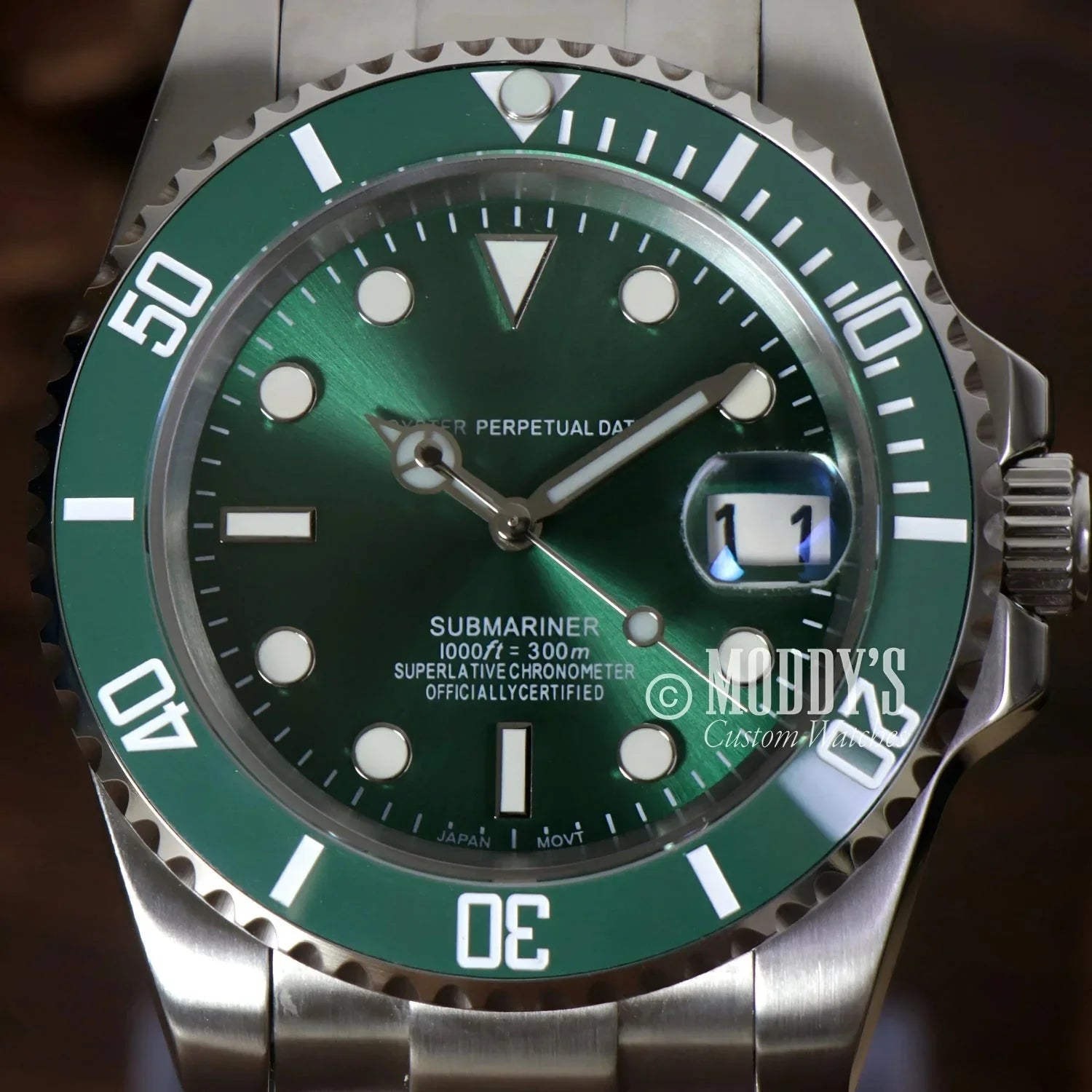 Green and silver Seikomariner Hulk with NH35 automatic movement showcased