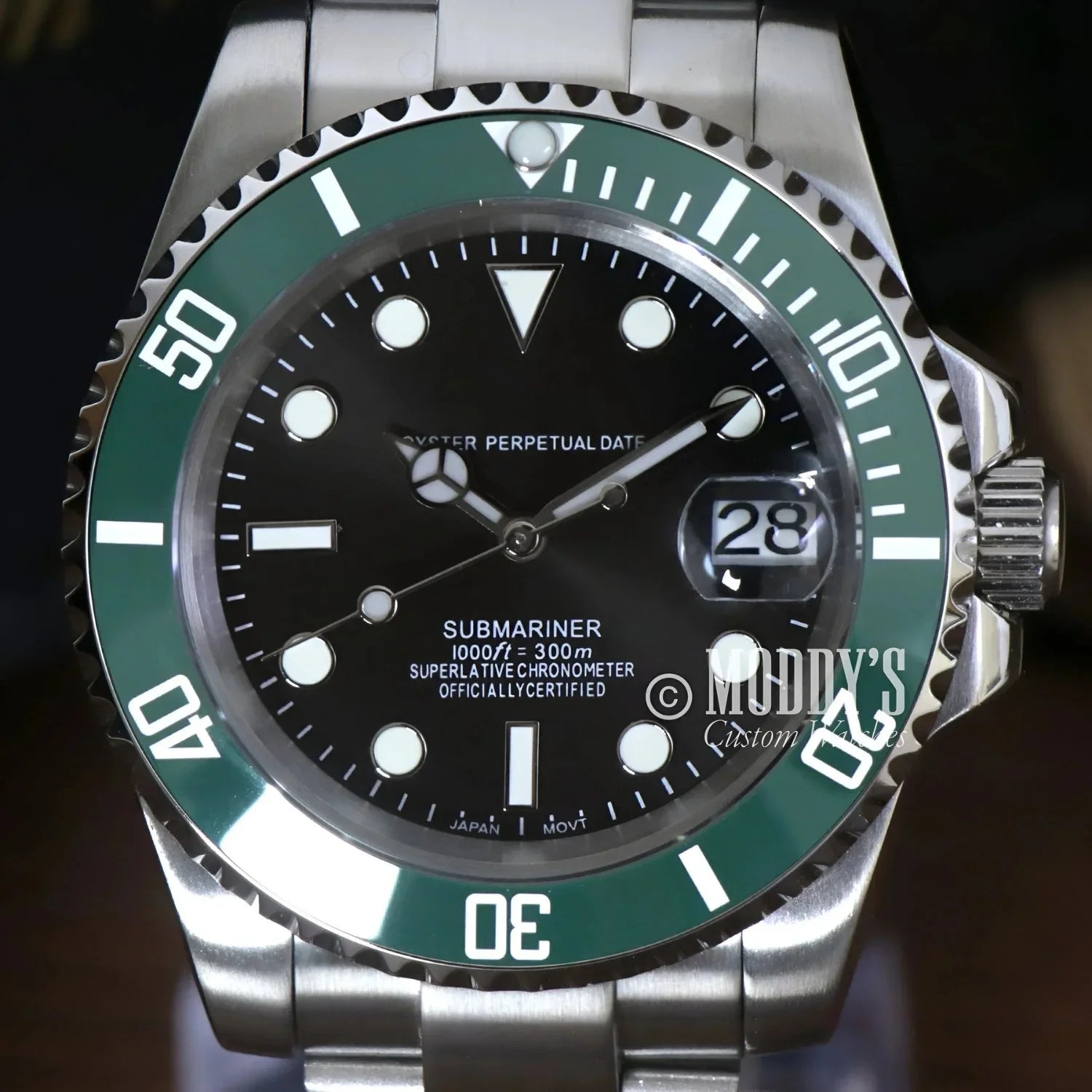 Silver and green Submariner wristwatch Seikomariner Kermit Seiko mod submariner design