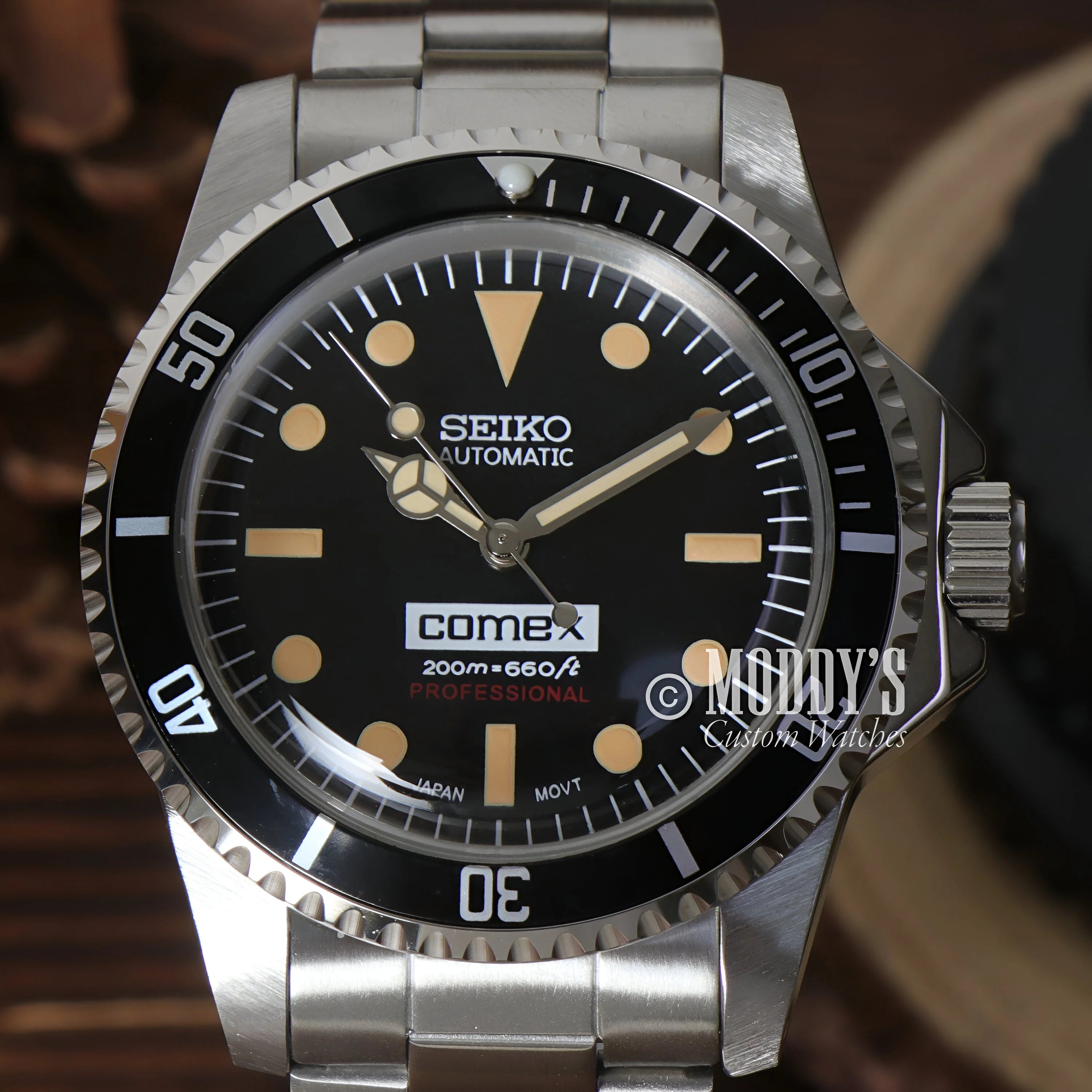 Seiko Mod Submariner Vintage Comex Dive Watch With Black Dial And Stainless Steel Bracelet