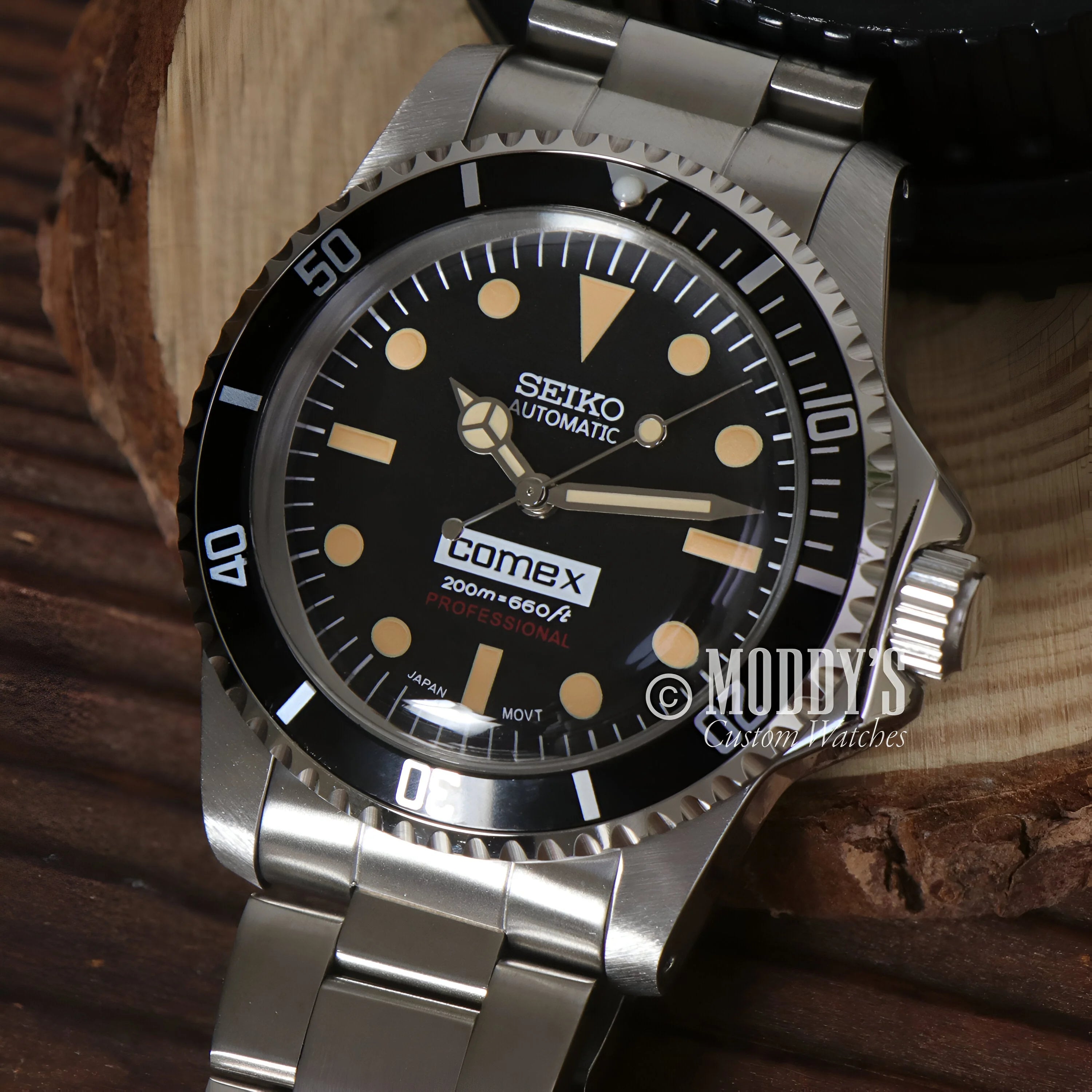 Seiko Mod Submariner Comex Dive Watch: Vintage Black Dial, Stainless Steel Bracelet