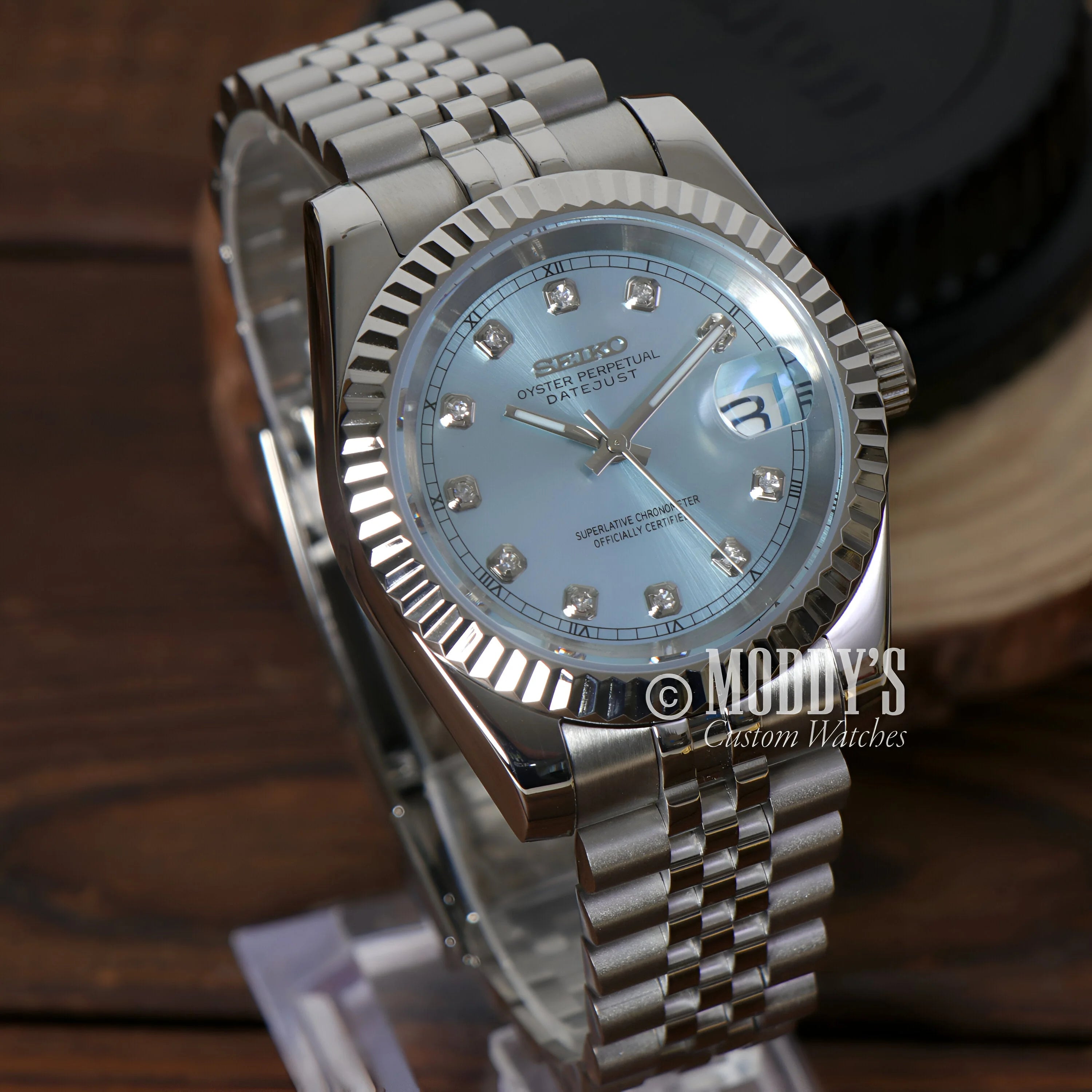 Seikojust Ice Blue Crystals wristwatch with iconic Datejust design and seiko nh35 automatic