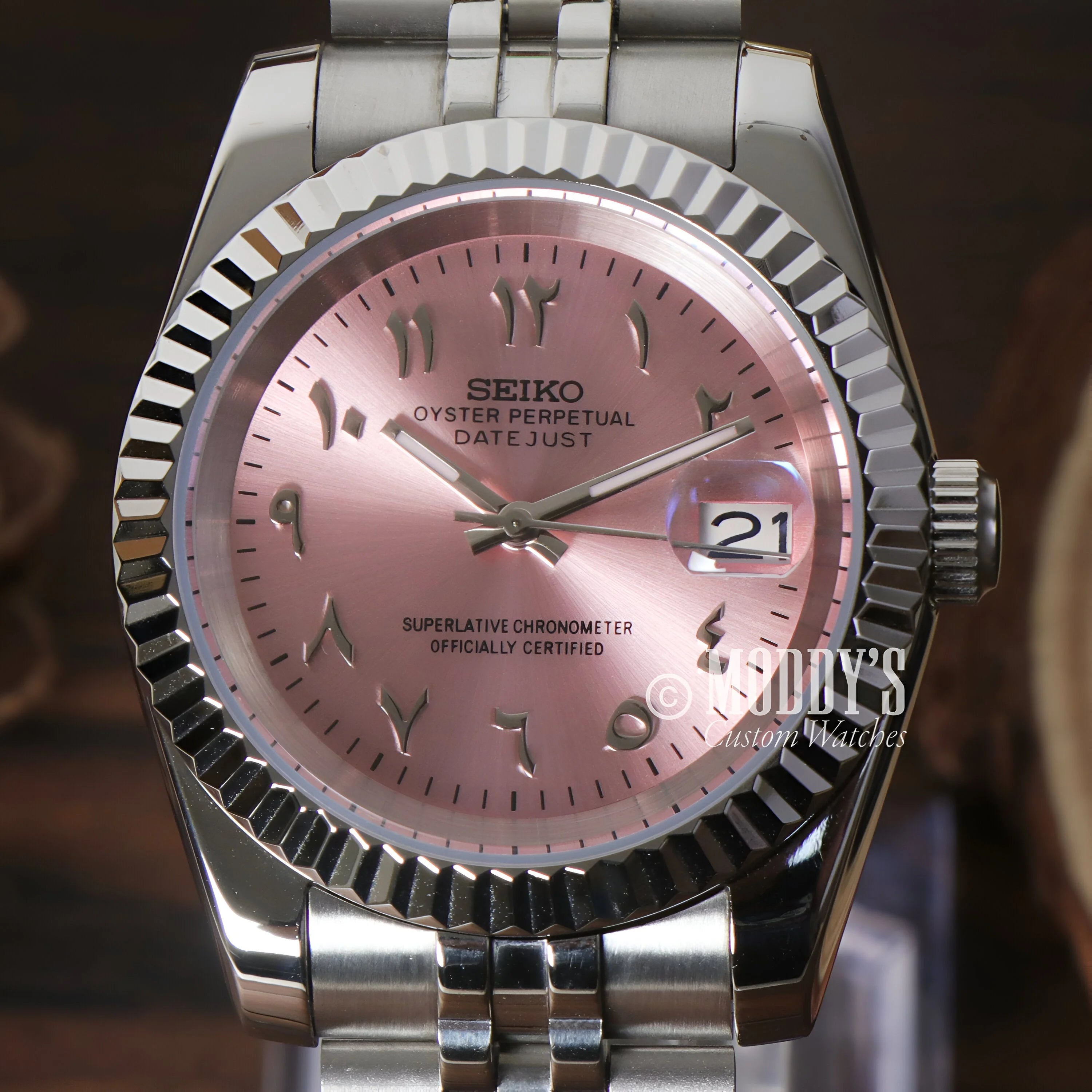 Seikojust Pink Arabic Wristwatch With Nh35 Automatic Movement And 904l Stainless Steel