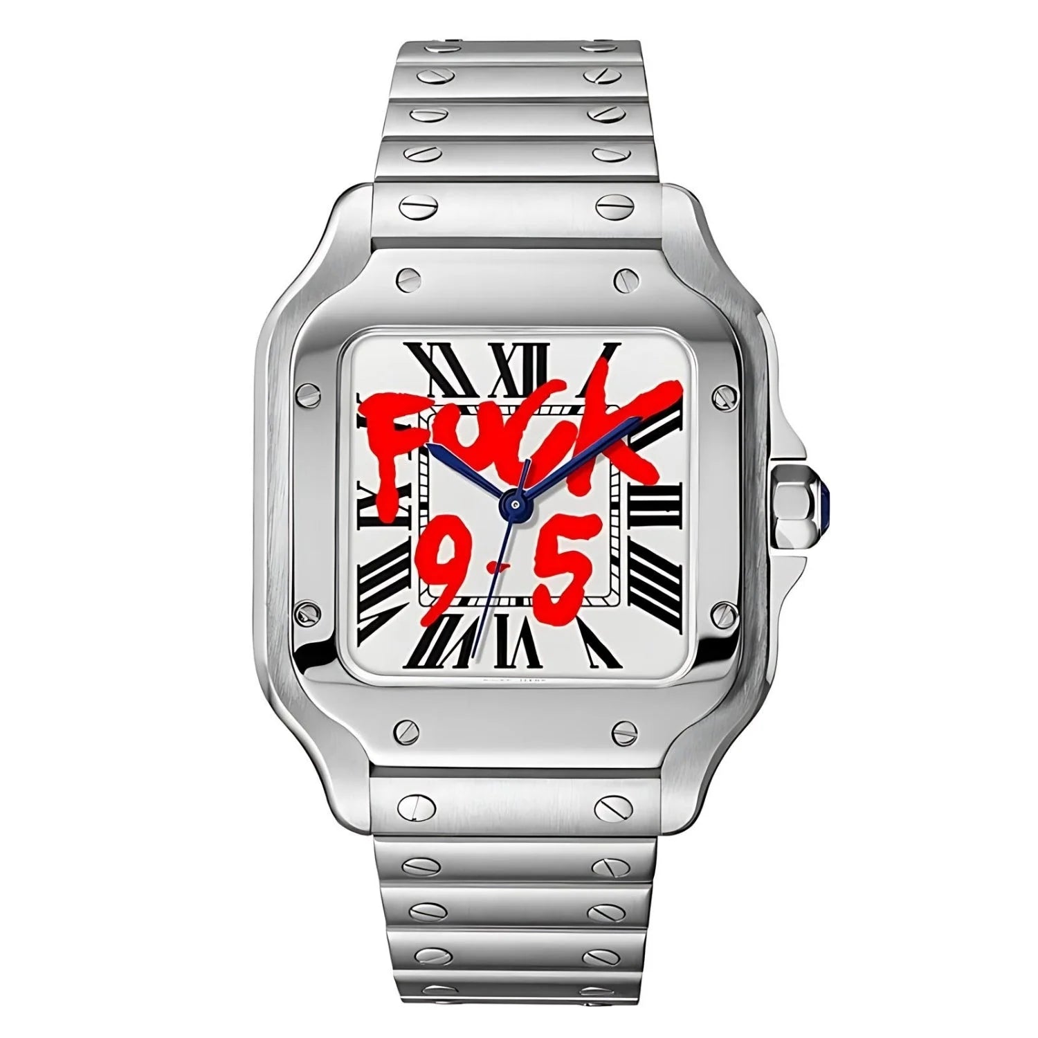 Square-faced Wristwatch With Seiko Nh35 Automatic In 904l Stainless Steel, Red Text ’fuck 9.5’