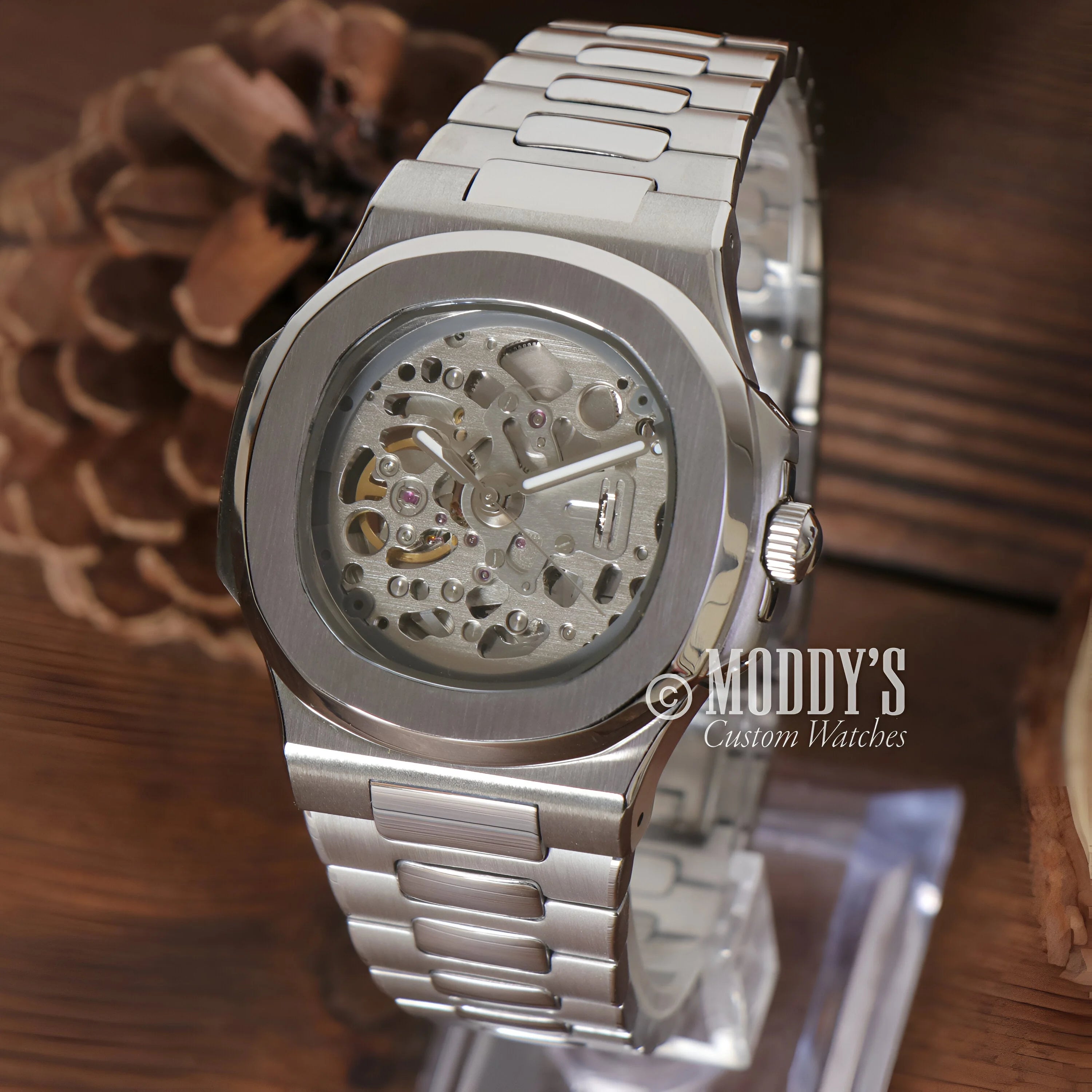 Stainless steel Nautiko Skeleton watch with NH70 automatic movement and MODDY’S branding