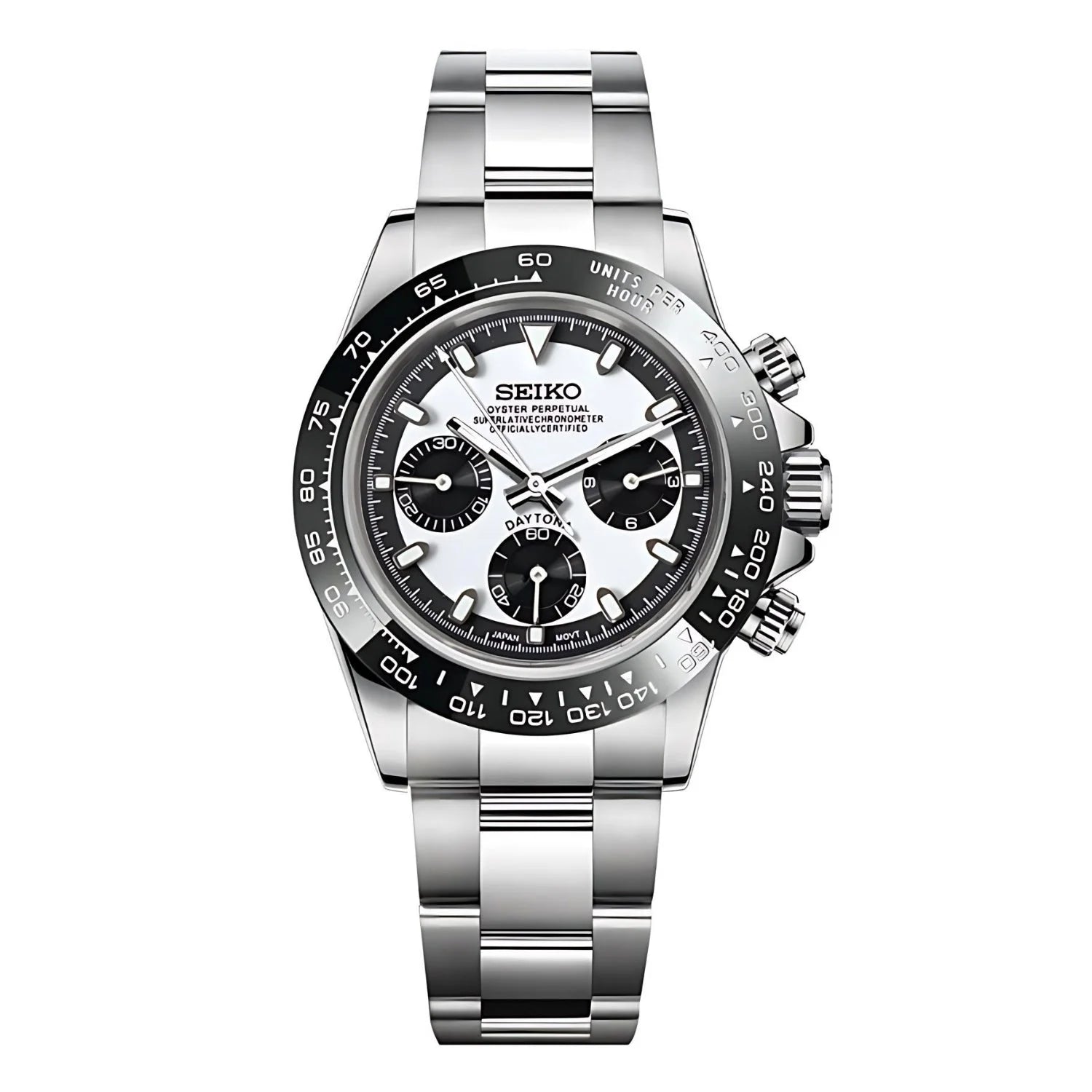 Seitona Black - White Seiko Vk63 Hybrid Movement Watch In 904l Stainless Steel