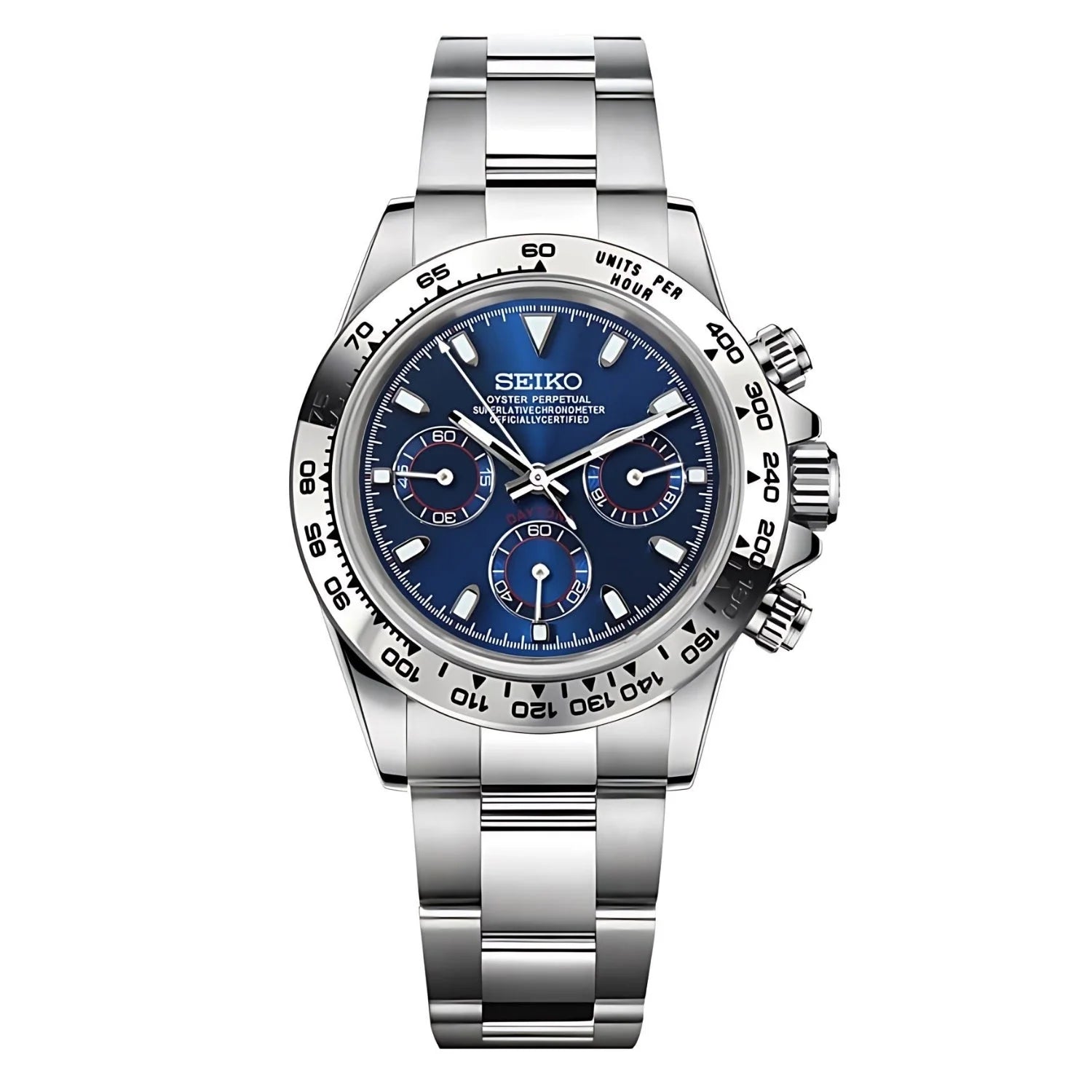 Seitona Silver - Blue: Stainless Steel Seiko Vk63 Hybrid Chronograph With Blue Dial And Silver Bezel