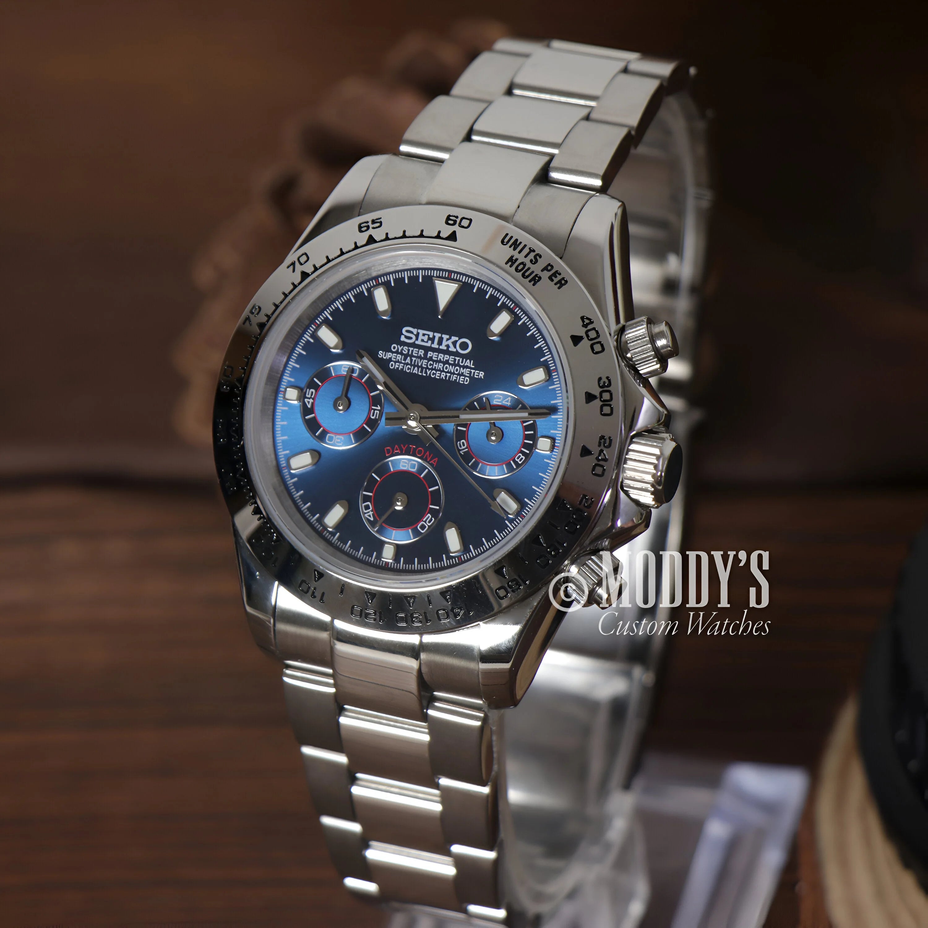 Seiko Chronograph wristwatch with blue dial and 904L stainless steel bracelet, VK63 Hybrid