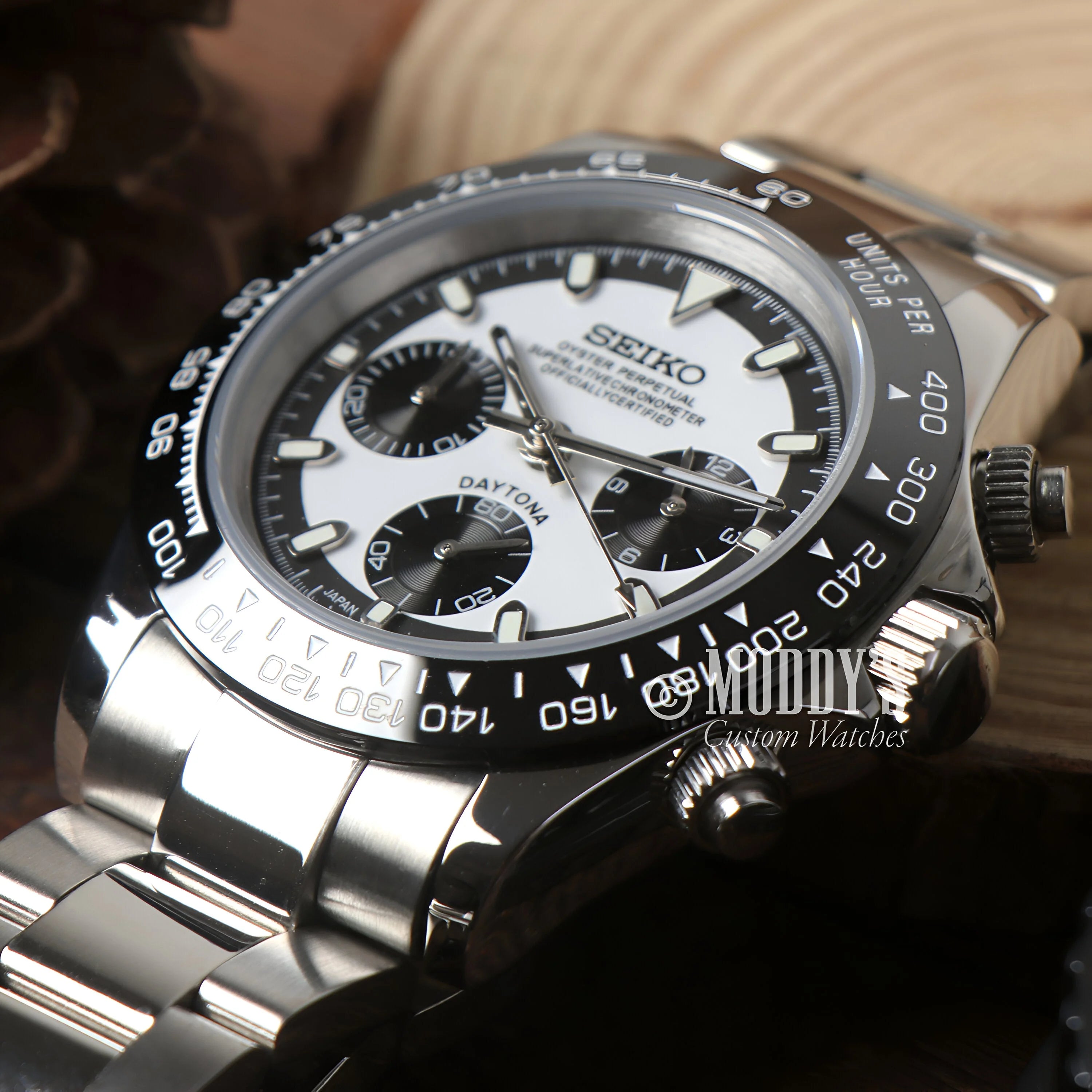 Seitona Black - White Seiko Vk63 Hybrid Chronograph, 904l Stainless Steel, White Dial, Black Bezel