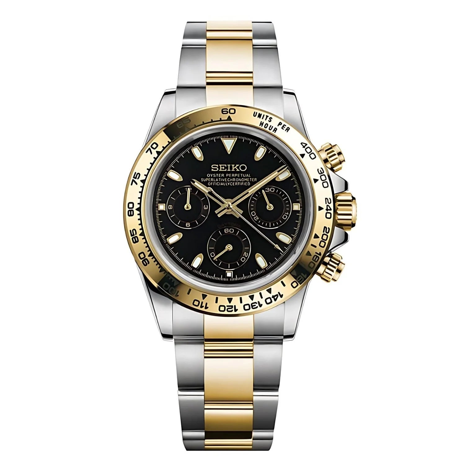 Seitona Silver-gold (black) Luxury Wristwatch With Seiko Vk63 Hybrid Movement And 904l Steel