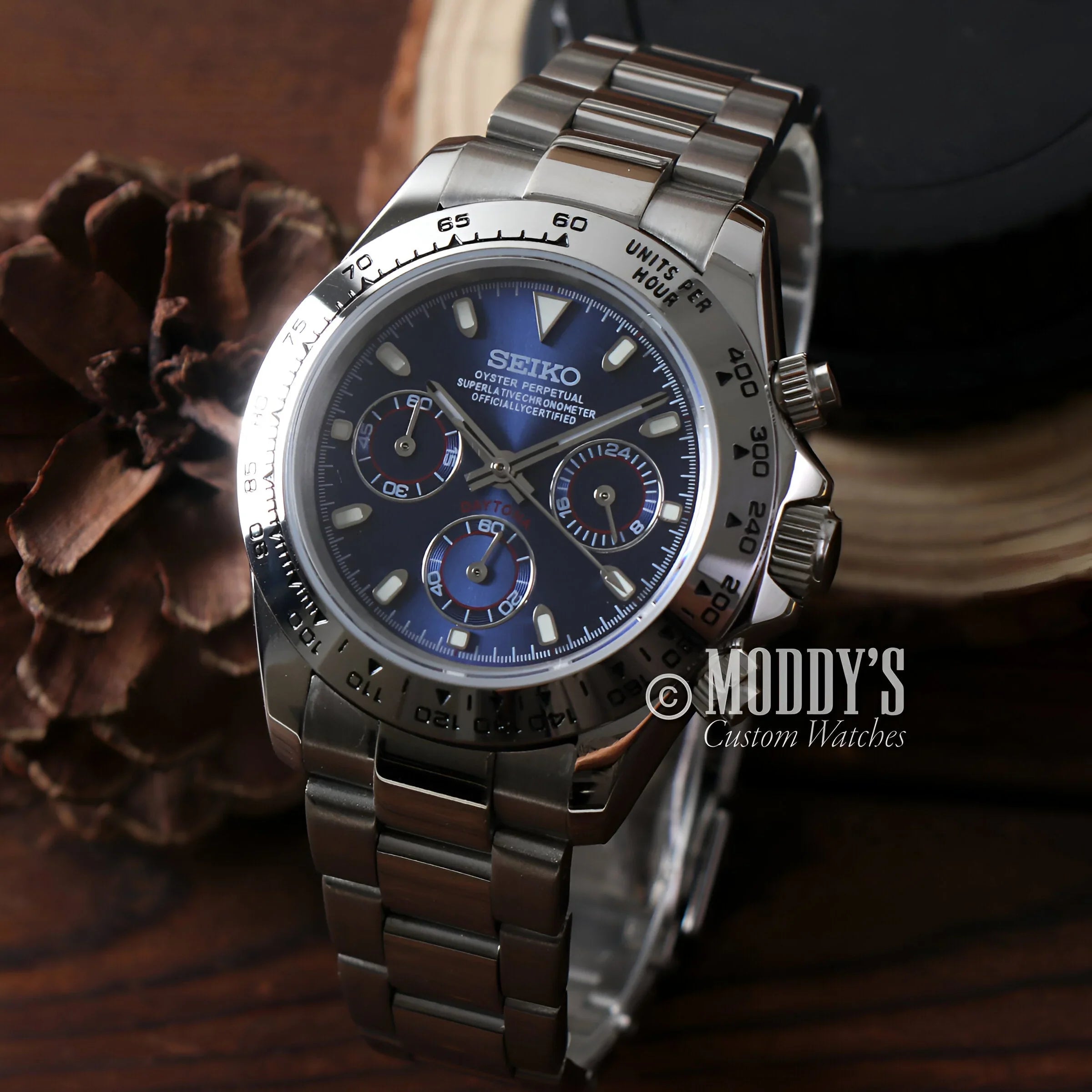 Seitona Silver - Blue Watch, Blue Dial On Wooden Table, Vk63 Hybrid Movement
