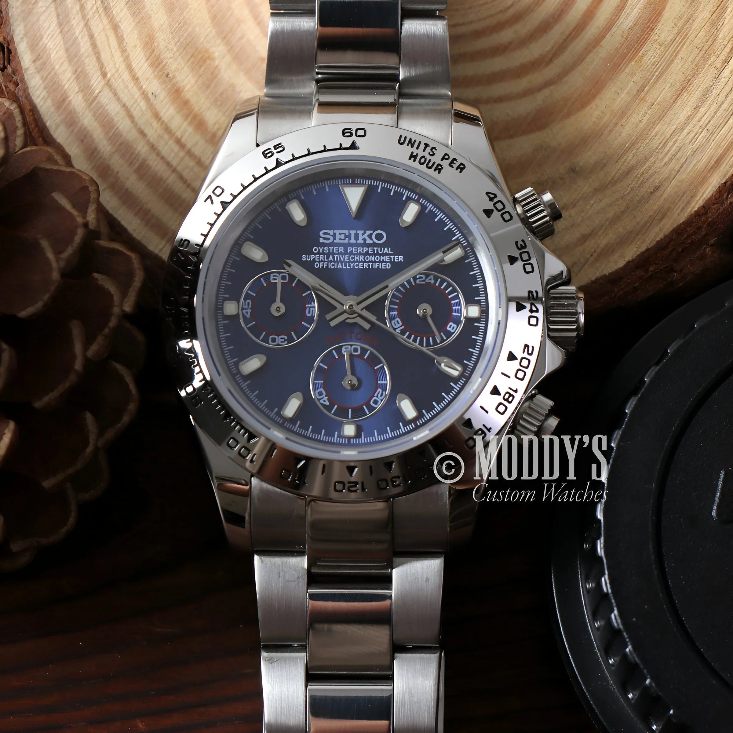 Seitona Silver - Blue Hybrid Watch With Blue Dial On Wooden Table