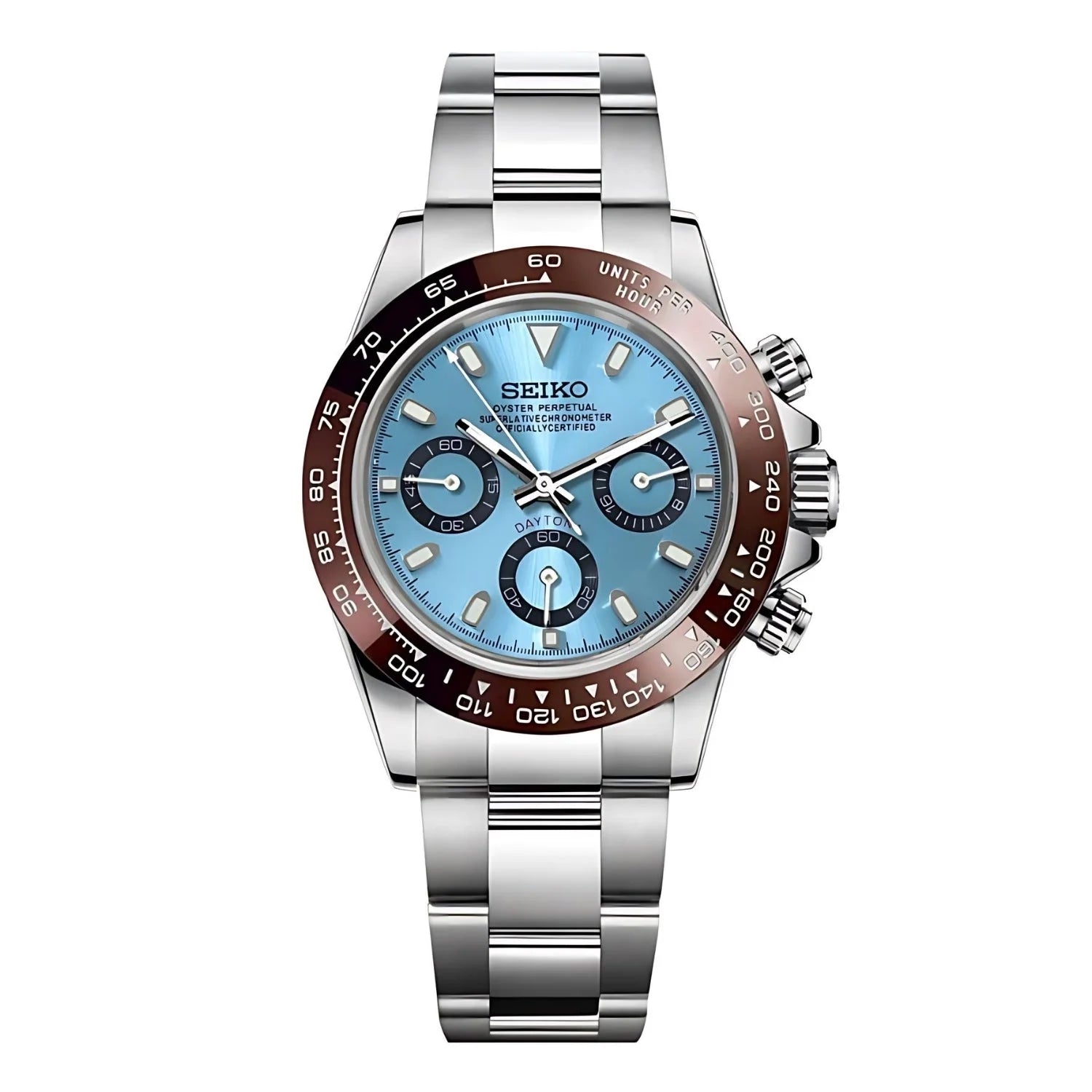 Seiko Vk63 Hybrid Wristwatch With Light Blue Dial, Brown Bezel, 904l Stainless Steel Case
