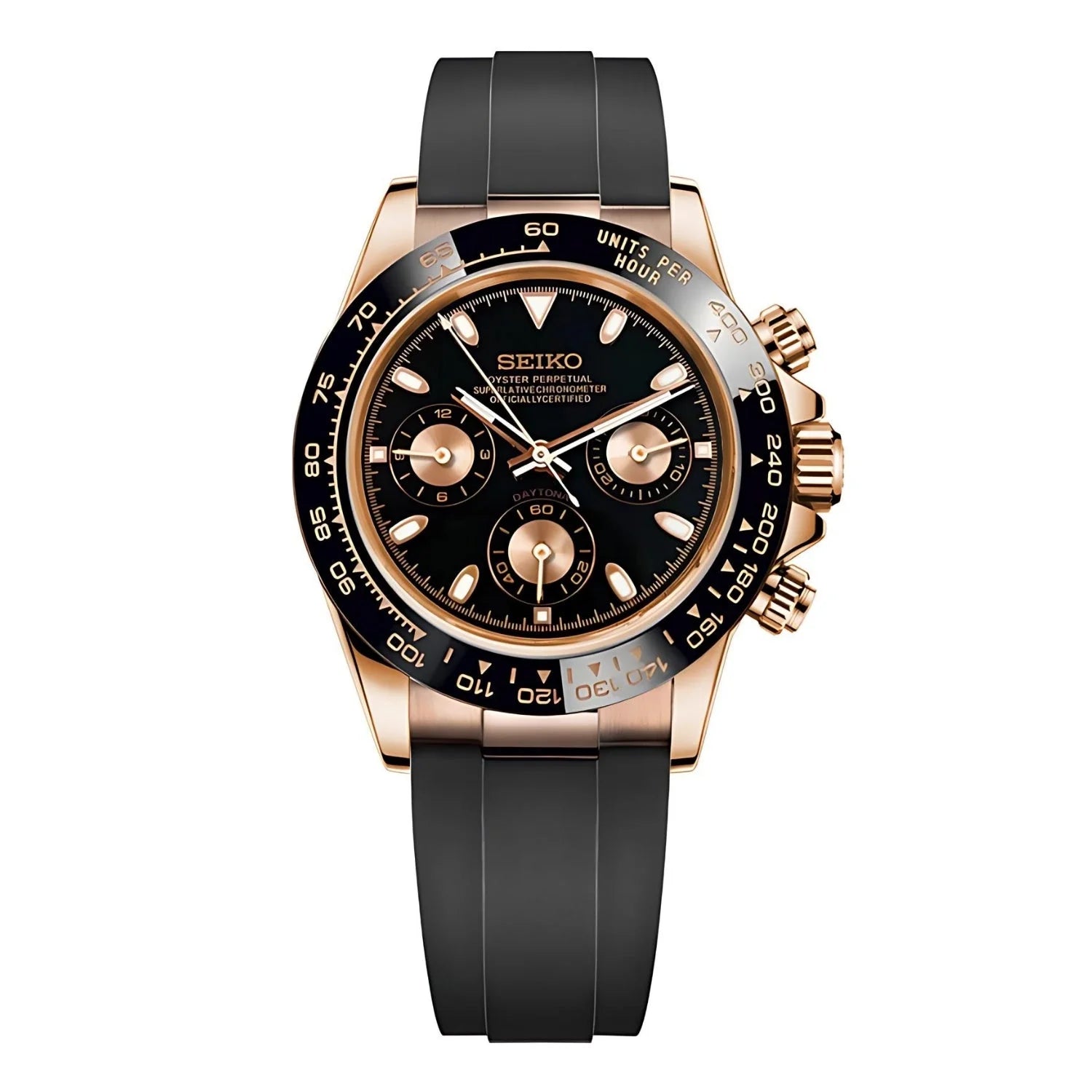 Luxury Seitona Rose Gold Watch With Seiko Vk63 Hybrid Movement, Black Dial, Rose Gold Case