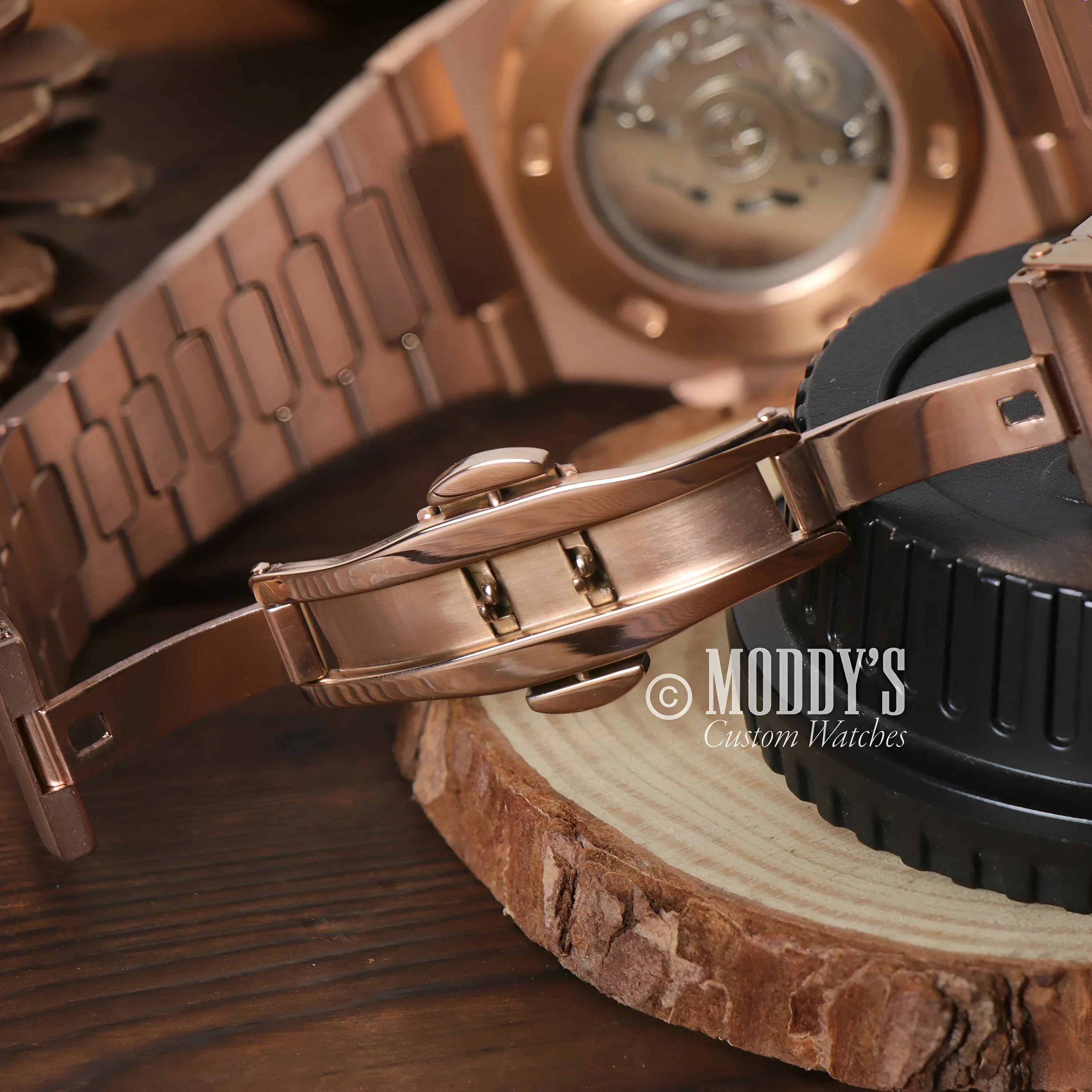 Rose Gold watch with deployment clasp, featuring NH35 automatic movement and 904L stainless steel