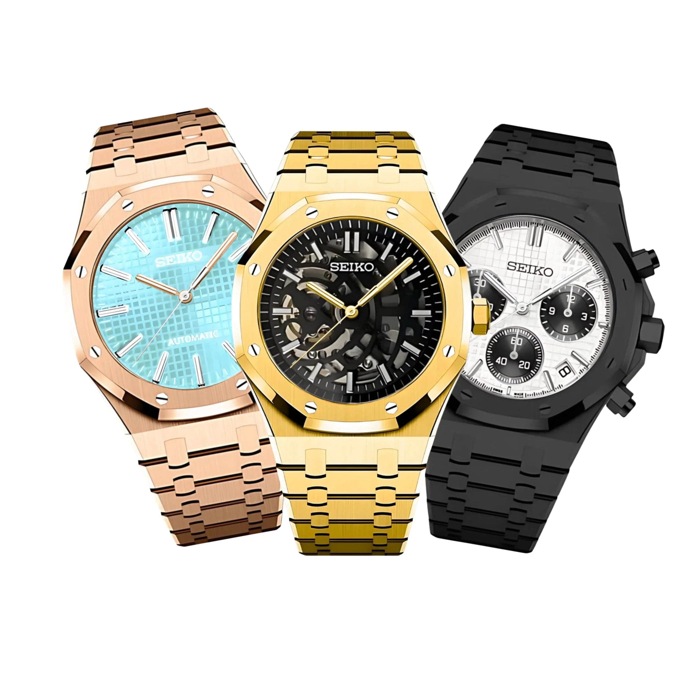 Three luxury watches in rose gold, yellow gold, and black finishes in Seikoak Configurator