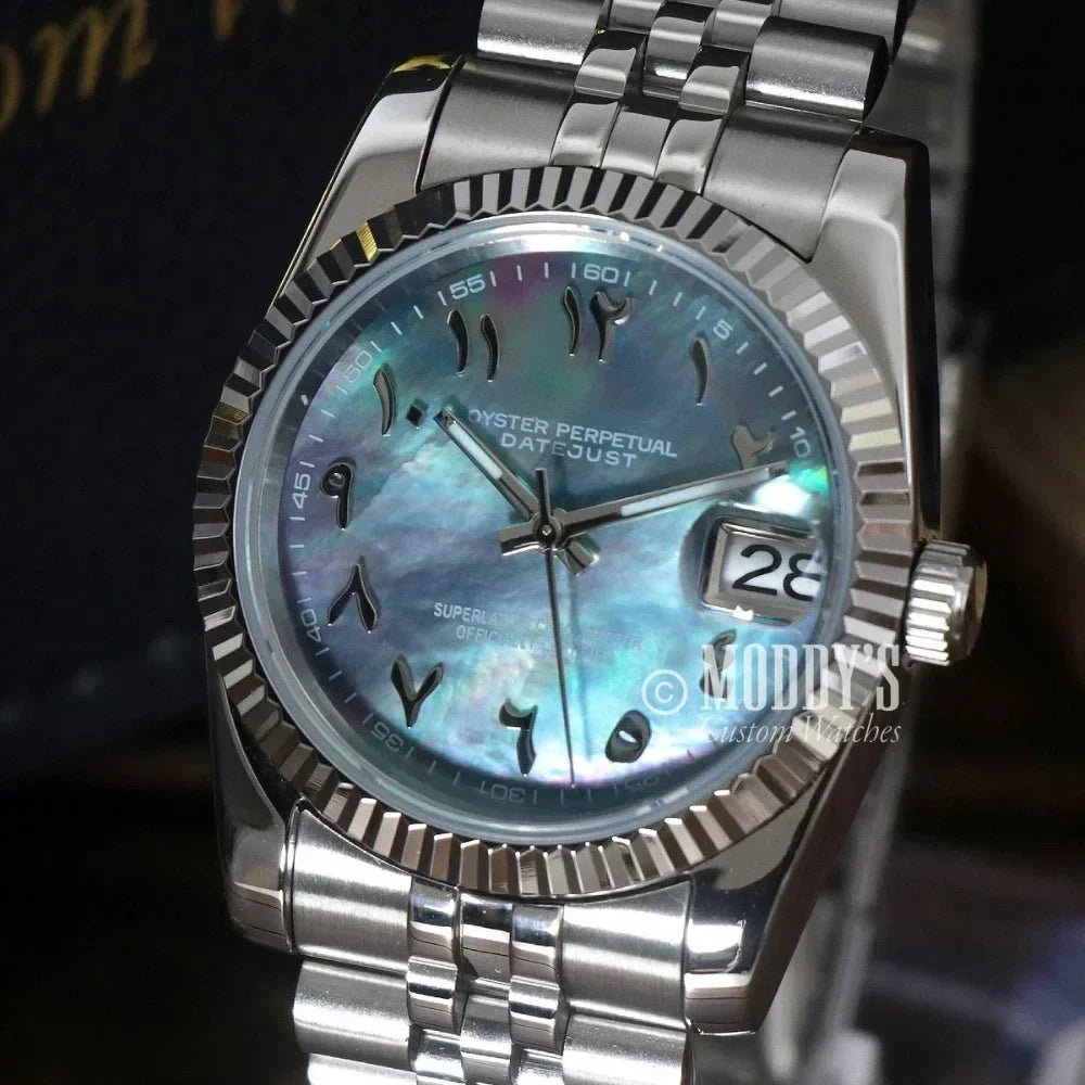 Silver Seikojust Arabic Cosmos wristwatch with Arabic numerals and Seiko NH35 Automatic