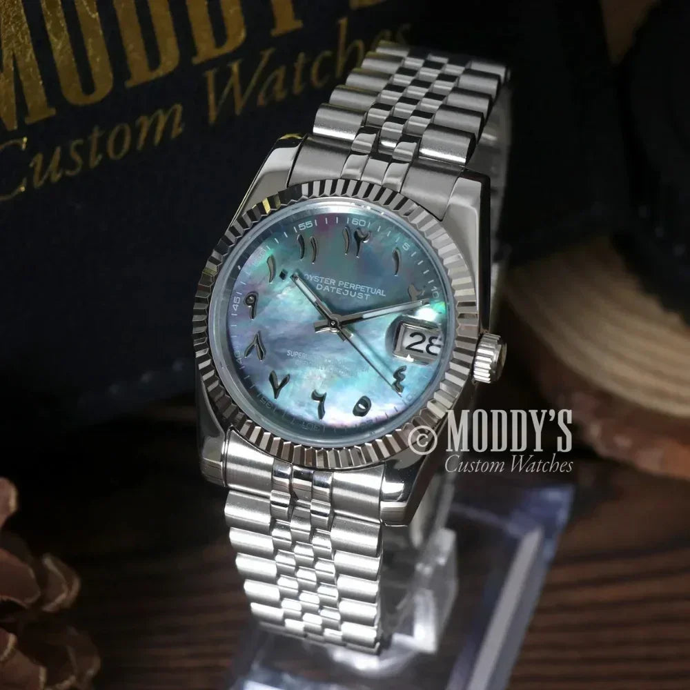 Silver Seikojust Arabic Cosmos wristwatch with Arabic numerals and Seiko NH35 Automatic movement
