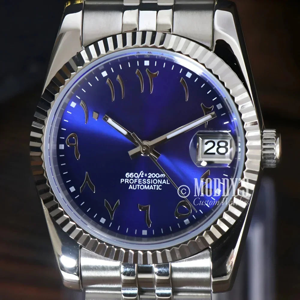 Silver Seikojust wristwatch with Arabic Royal Blue face and nums, featuring Seiko NH35 automatic
