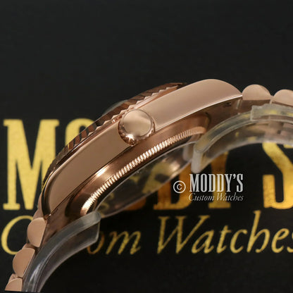 Rose gold watch from Seikojust featuring chocolate crystals and Seiko NH35 automatic movement