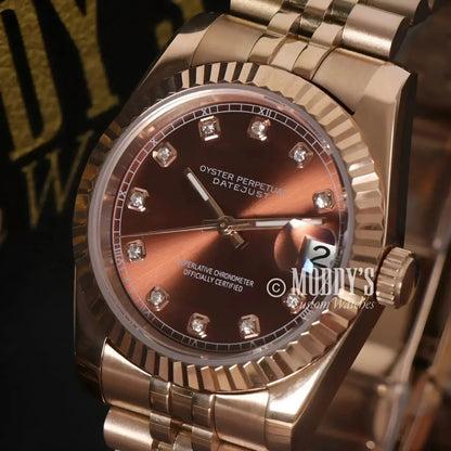 Rose Gold Rolex Datejust watch in Seikojust with Chocolate Crystals and Seiko NH35 Automatic