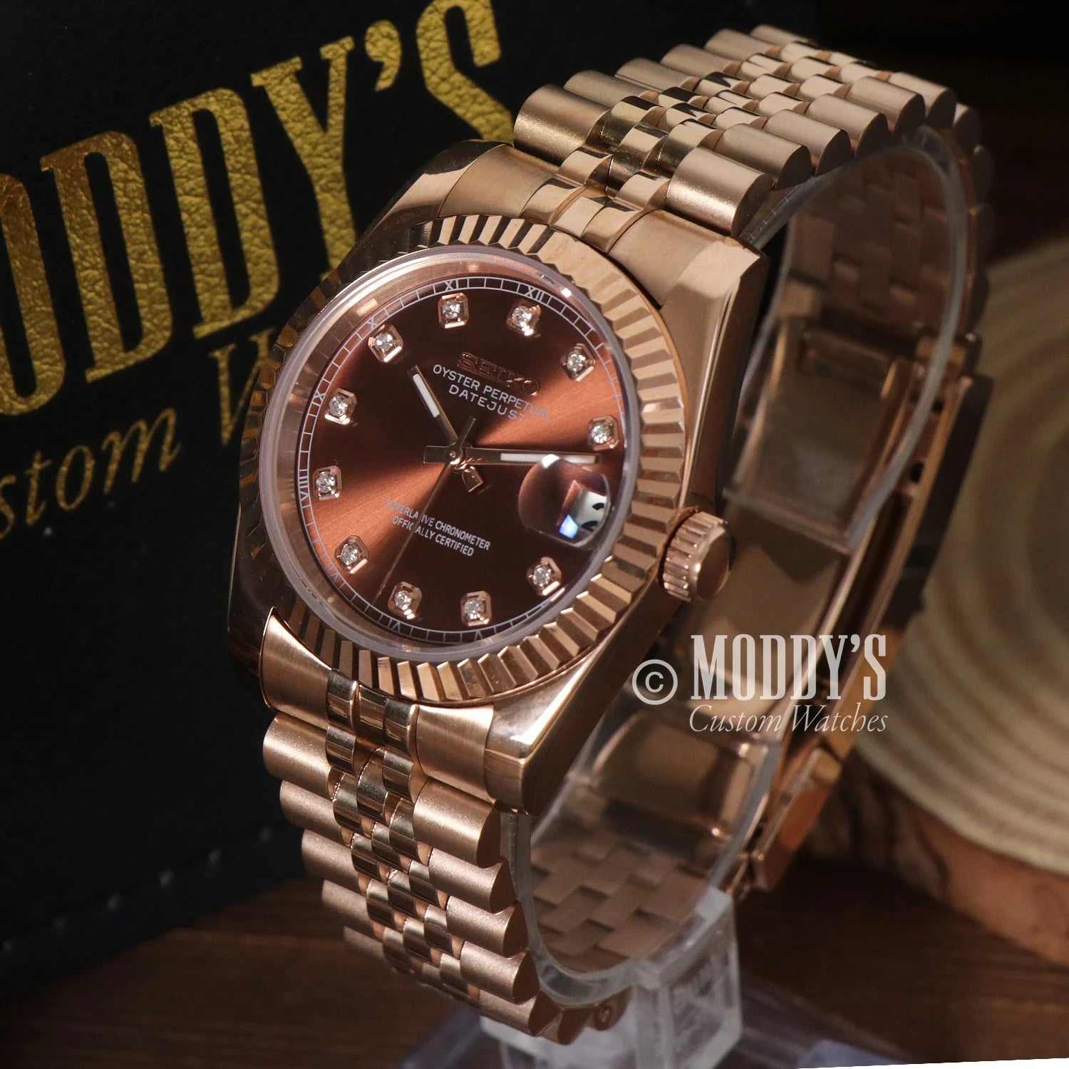 Rose gold Rolex Datejust with diamond markers, Seiko NH35 automatic movement