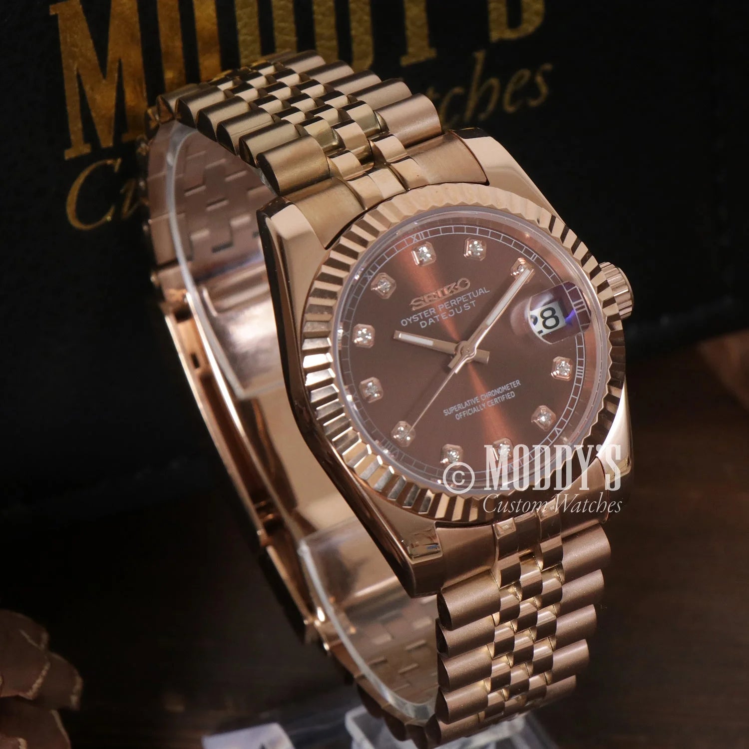 Rose Gold Rolex Datejust with diamond hour markers and jubilee bracelet, Seiko mod Datejust