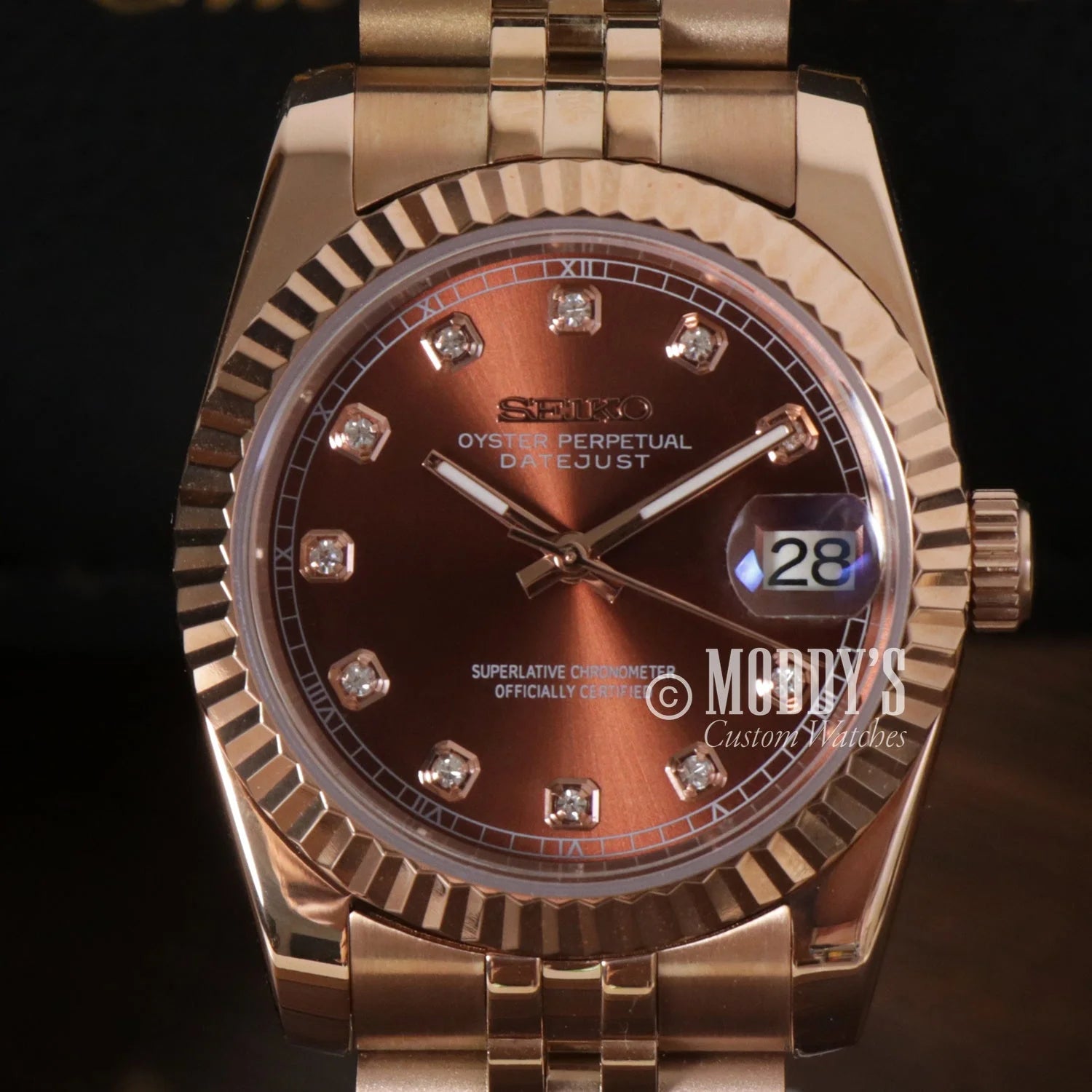 Rolex Datejust watch with brown dial, diamond markers on rose gold bracelet Seiko Mod Datejust