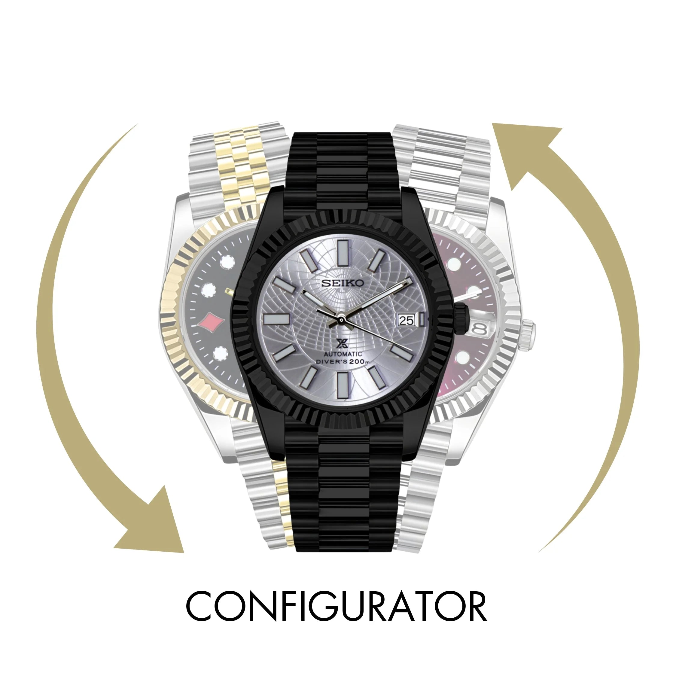 Luxury Seikojust Configurator wristwatch with interchangeable silver, gold, black bands